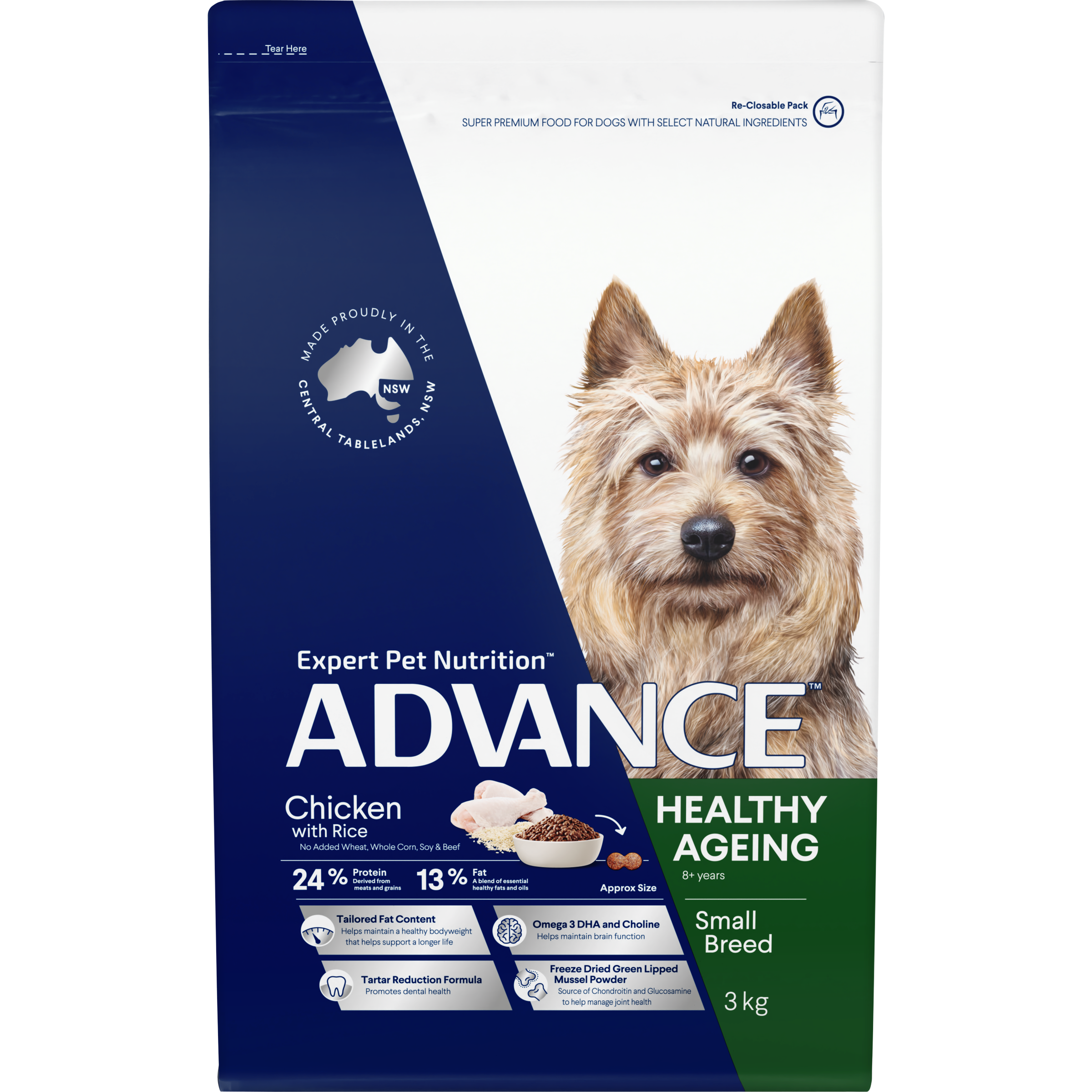 ADVANCE Small Healthy Ageing Dry Dog Food Chicken with Rice front of pack