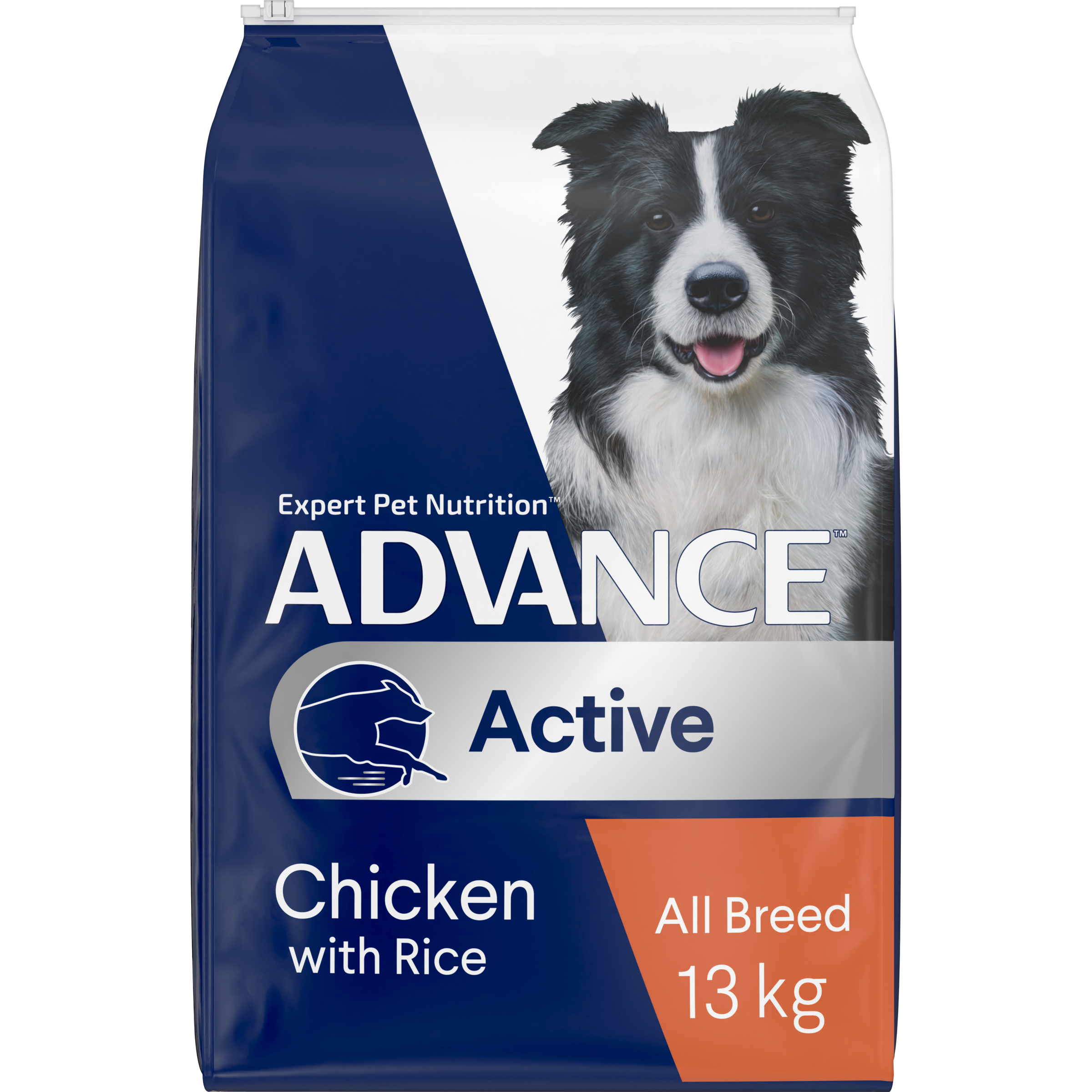 Close-up of the ADVANCE Active Adult Chicken with Rice 13kg pack front panel
