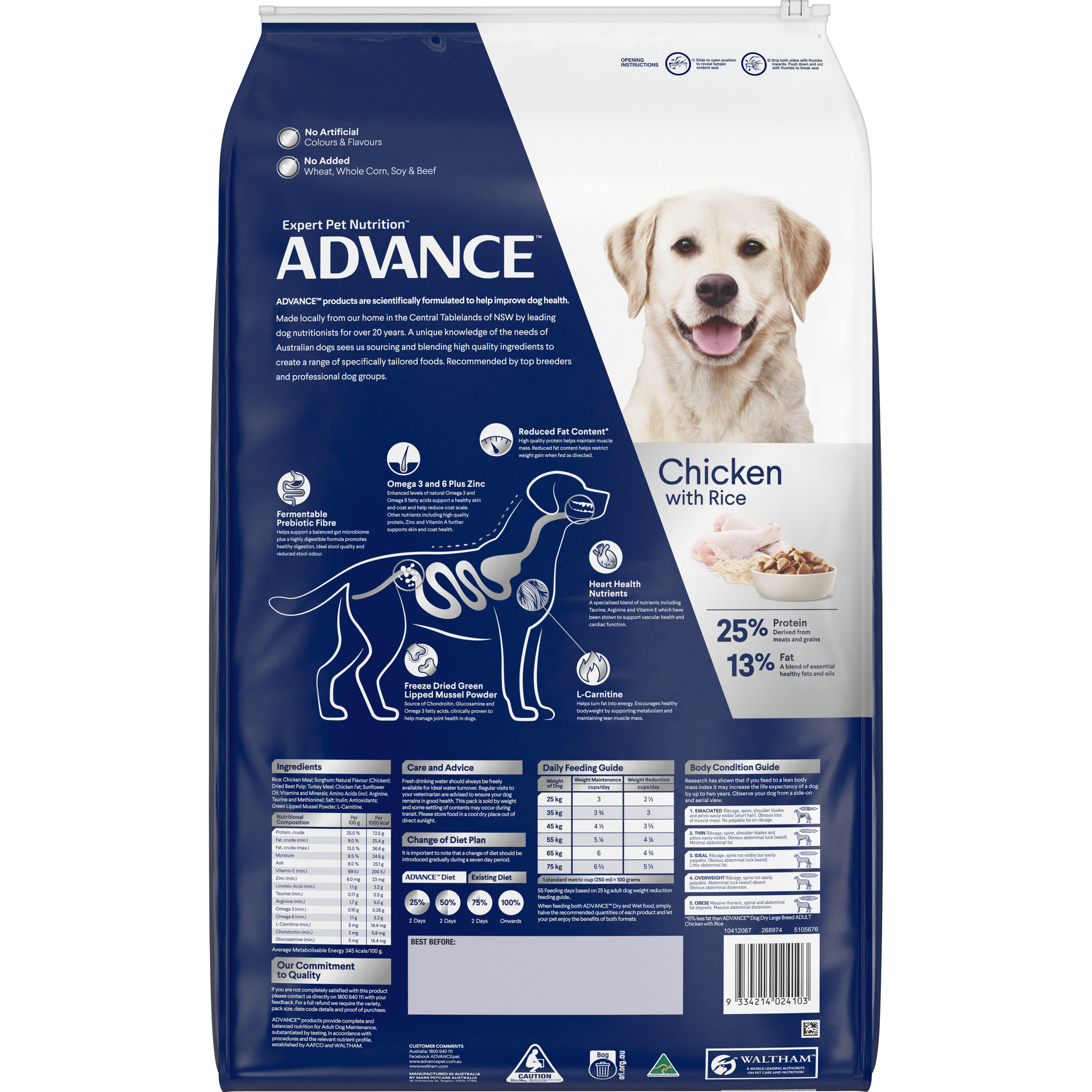 Back of the ADVANCE Healthy Weight Adult Large Breed Chicken with Rice bag