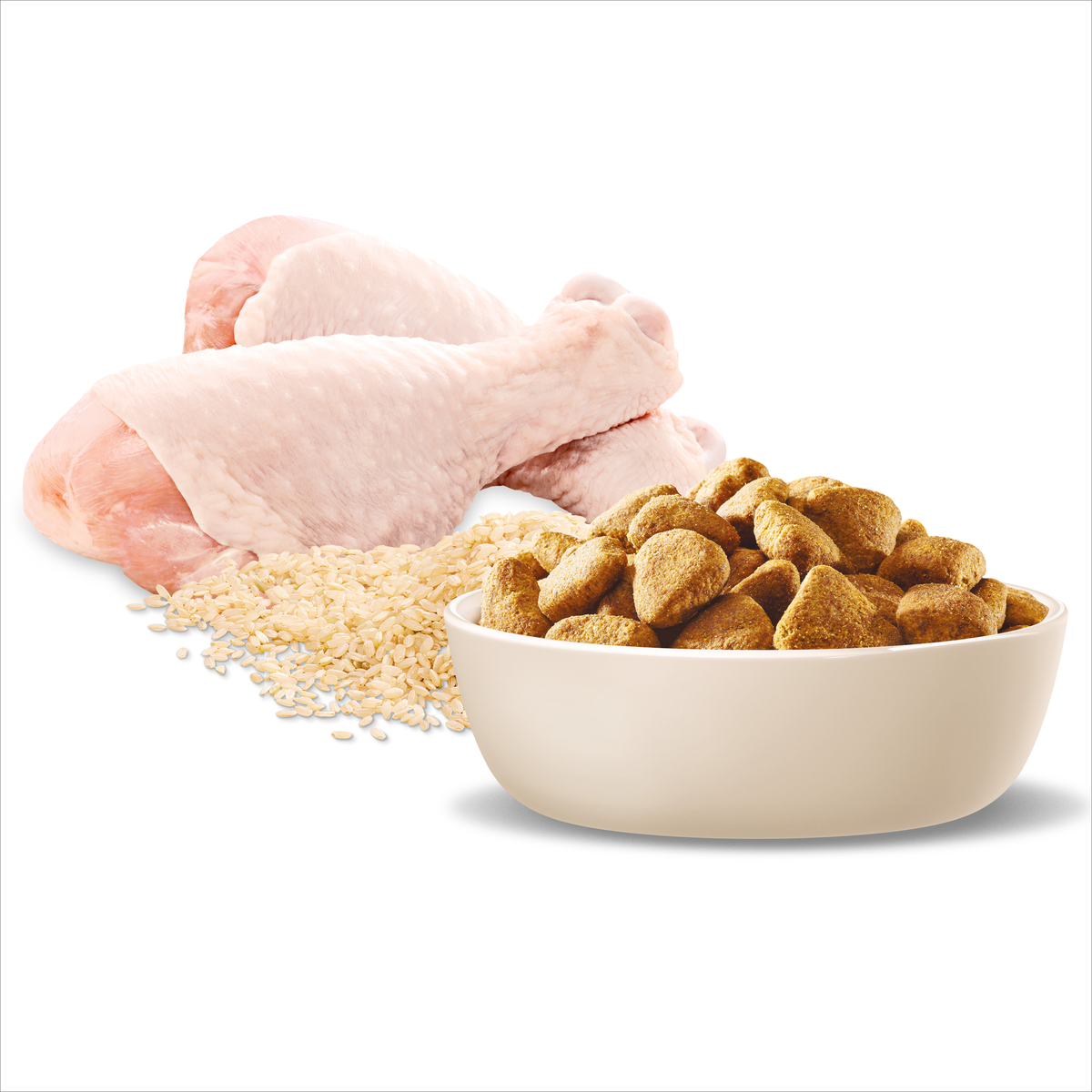 Raw chicken, rice and ADVANCE Healthy Weight Large Breed kibble in a bowl