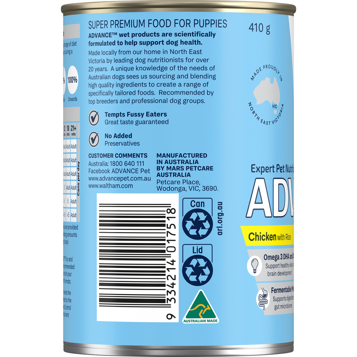 Side of the ADVANCE Puppy Chicken with Rice can label