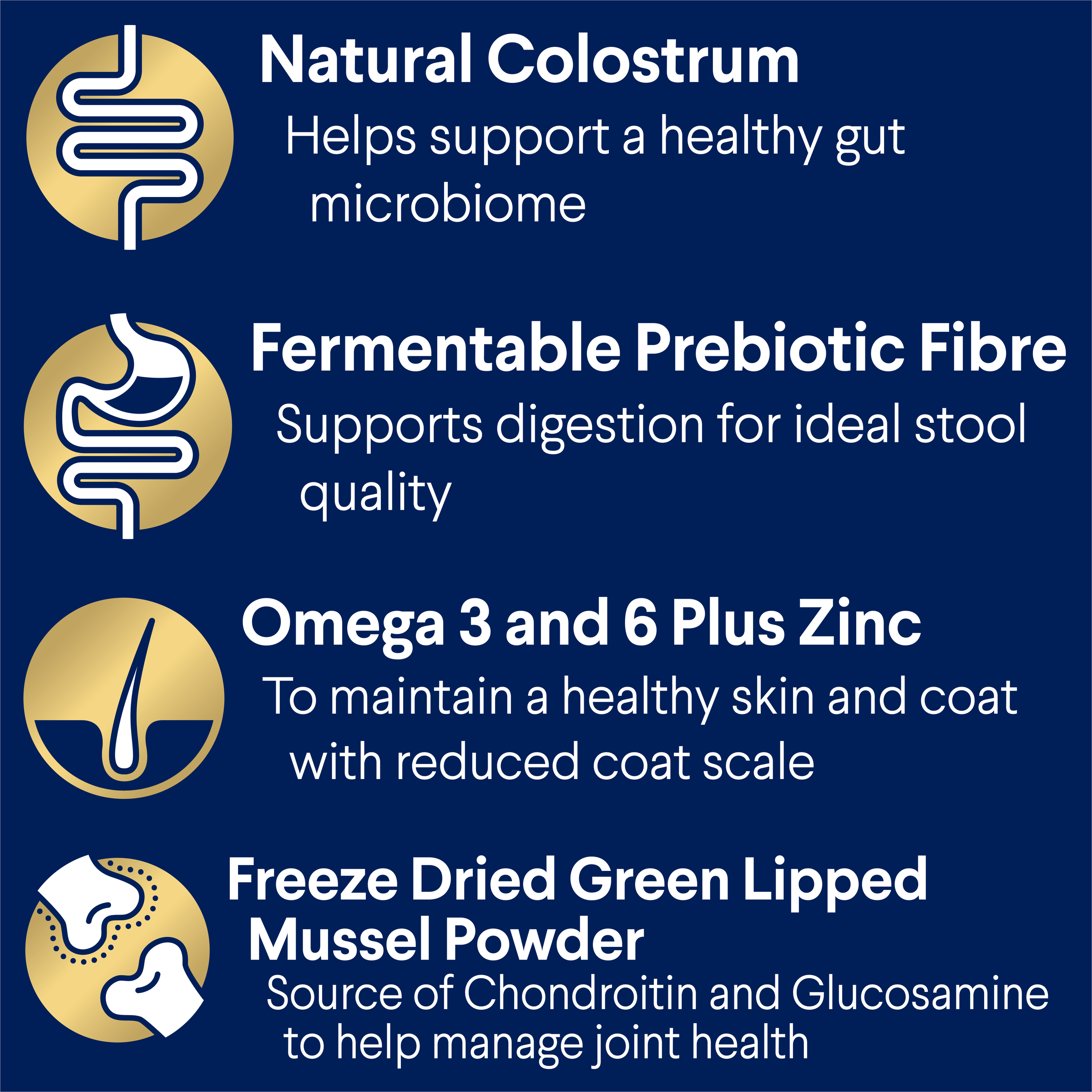ADVANCE for all Shepherds benefits: natural colostrum, prebiotic fibre, omega 3 and 6 plus zinc, green lipped mussel