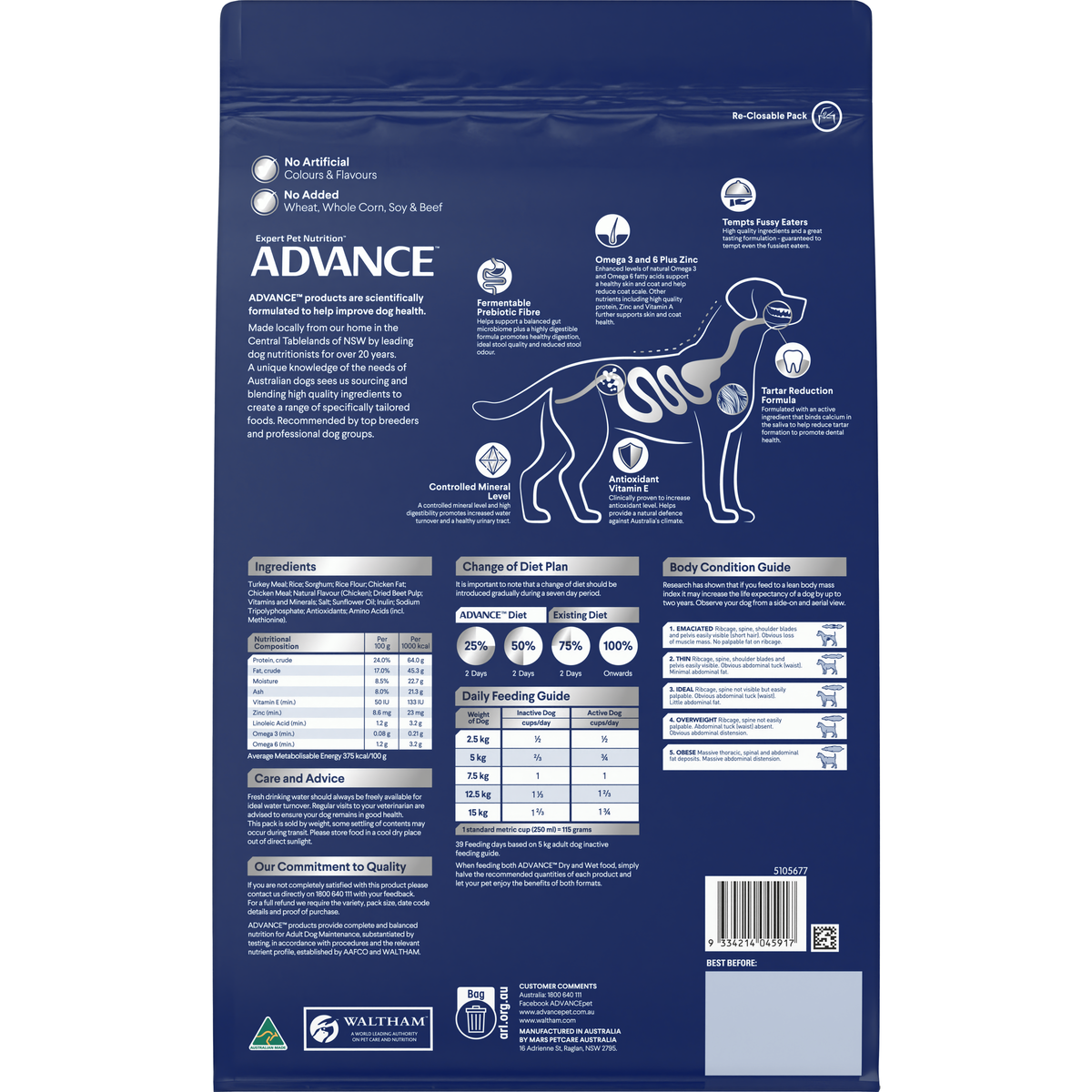 Back of the ADVANCE Adult Small Breed Turkey with Rice dry dog food bag