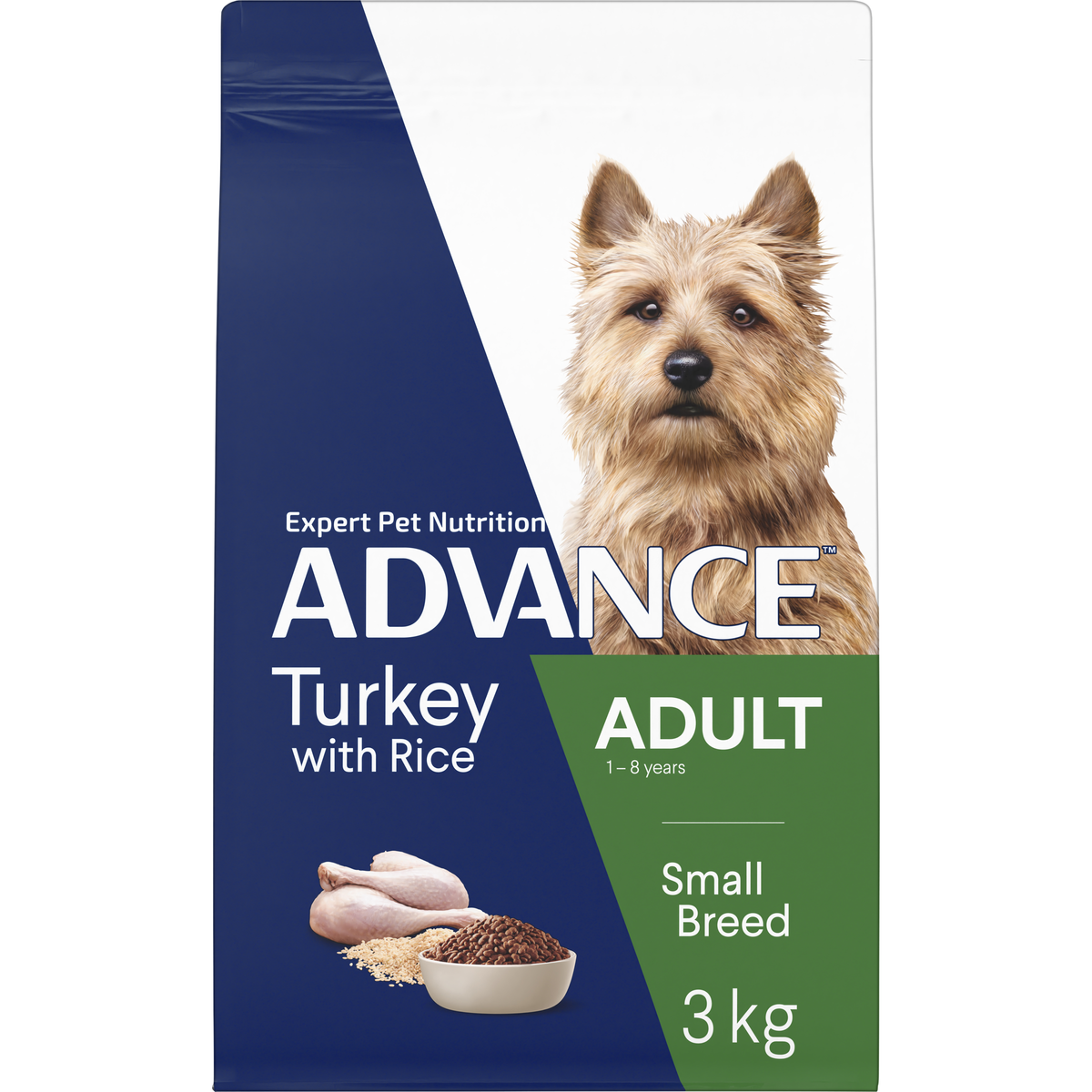 ADVANCE Adult Small Breed Turkey with Rice 3kg bag, angled front view