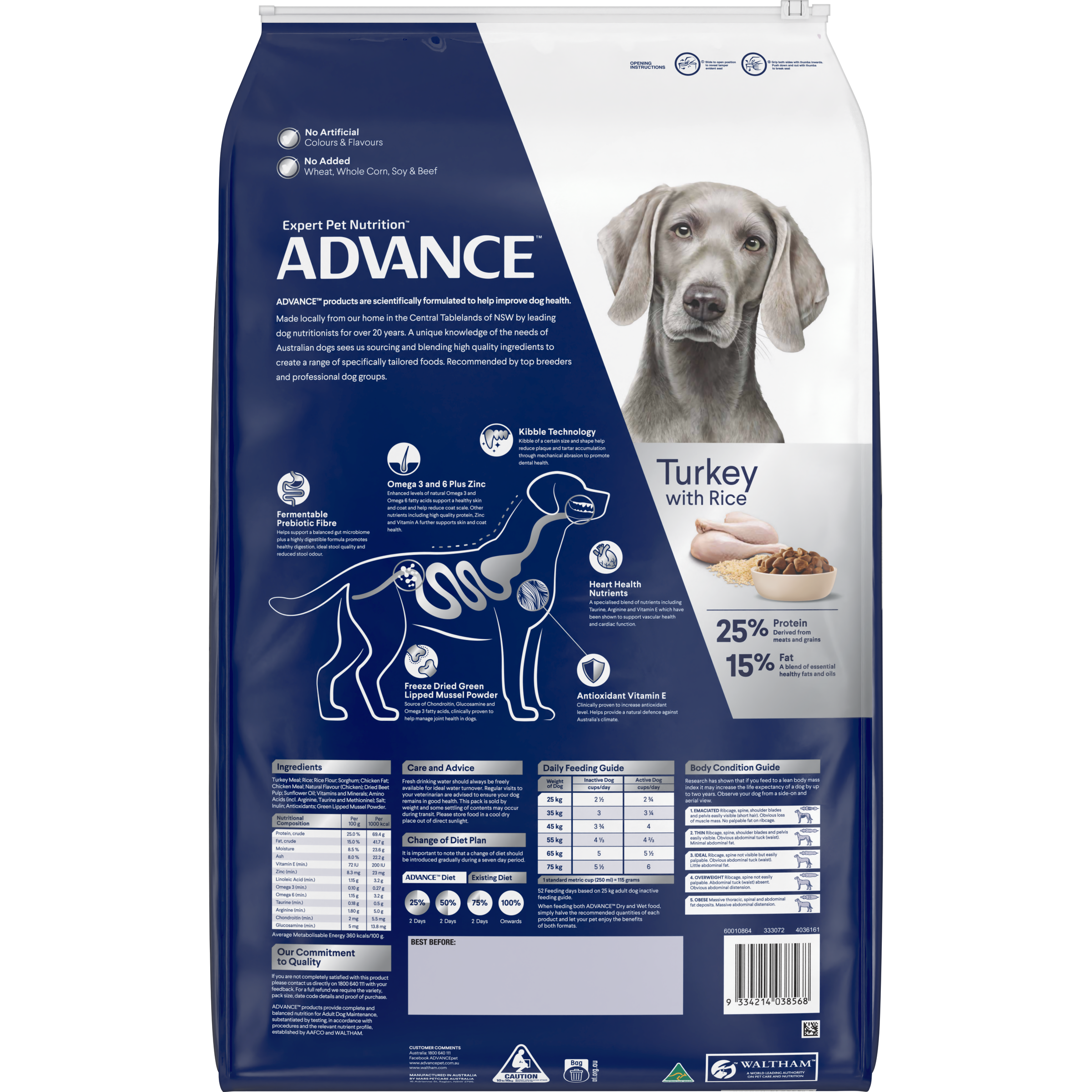 Back of the ADVANCE Adult Large Breed Turkey with Rice dry dog food bag