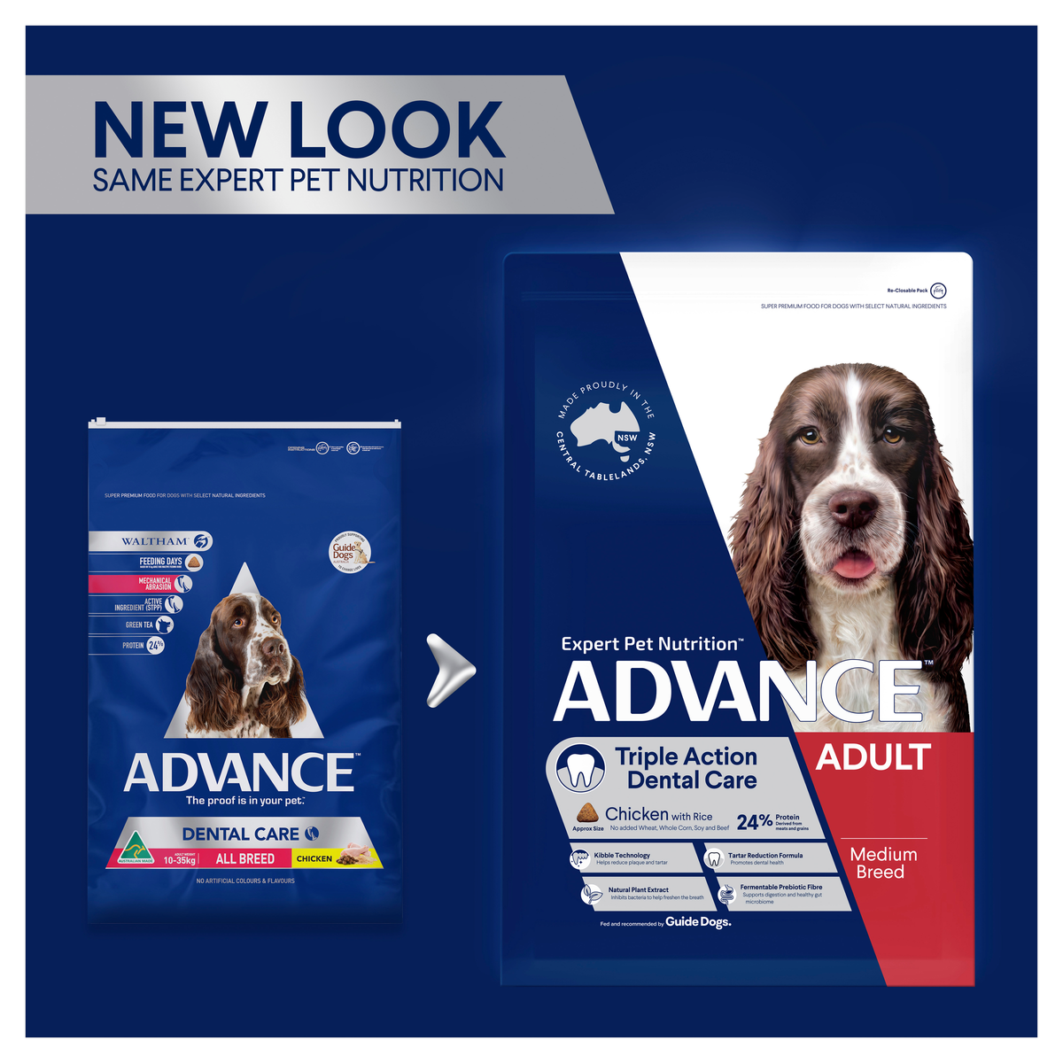 ADVANCE packaging update: old and new Triple Action Dental Care Medium Breed bags side by side