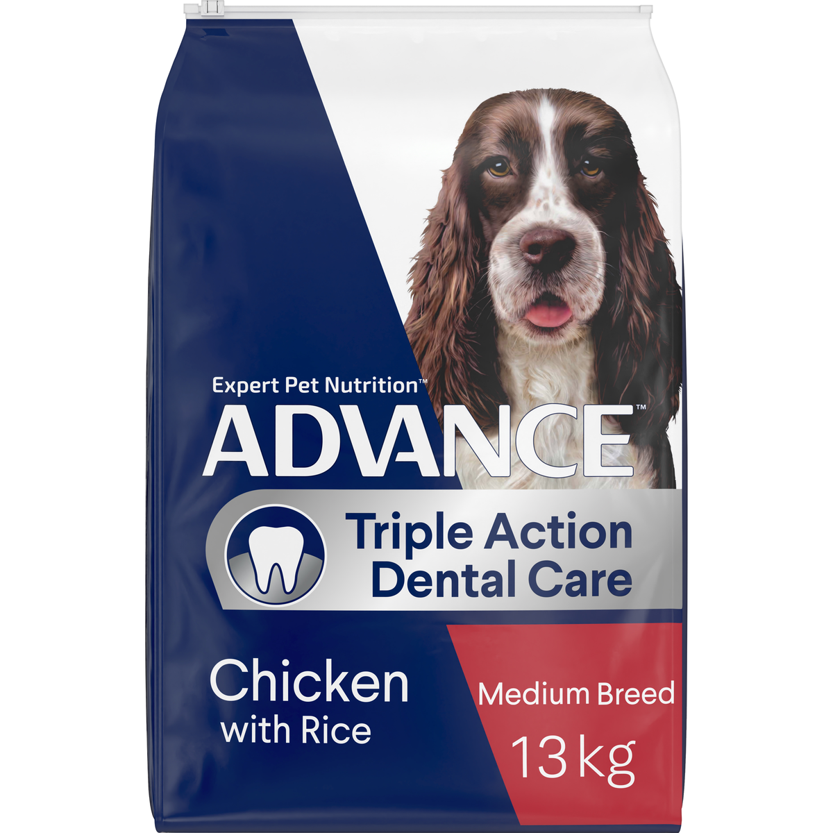 ADVANCE Triple Action Dental Care Medium Breed Chicken with Rice 13kg bag, angled front view