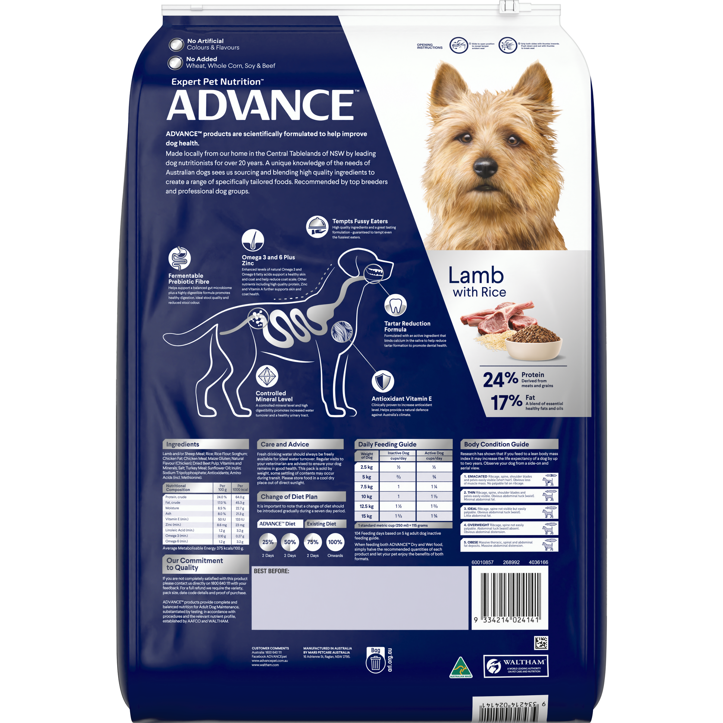 Back of the ADVANCE Adult Small Breed Lamb with Rice dry dog food bag