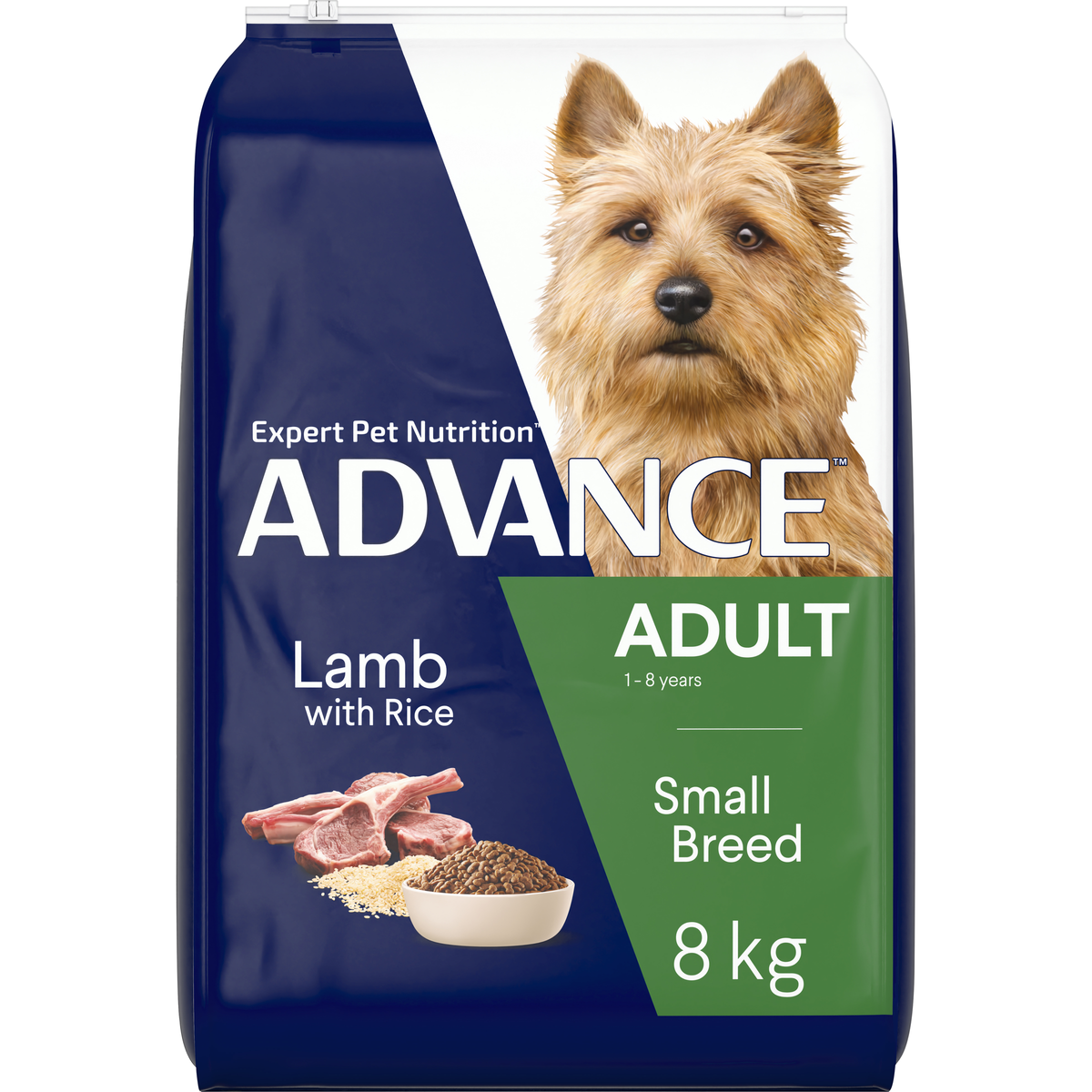 ADVANCE Adult Small Breed Lamb with Rice 8kg bag, angled front view