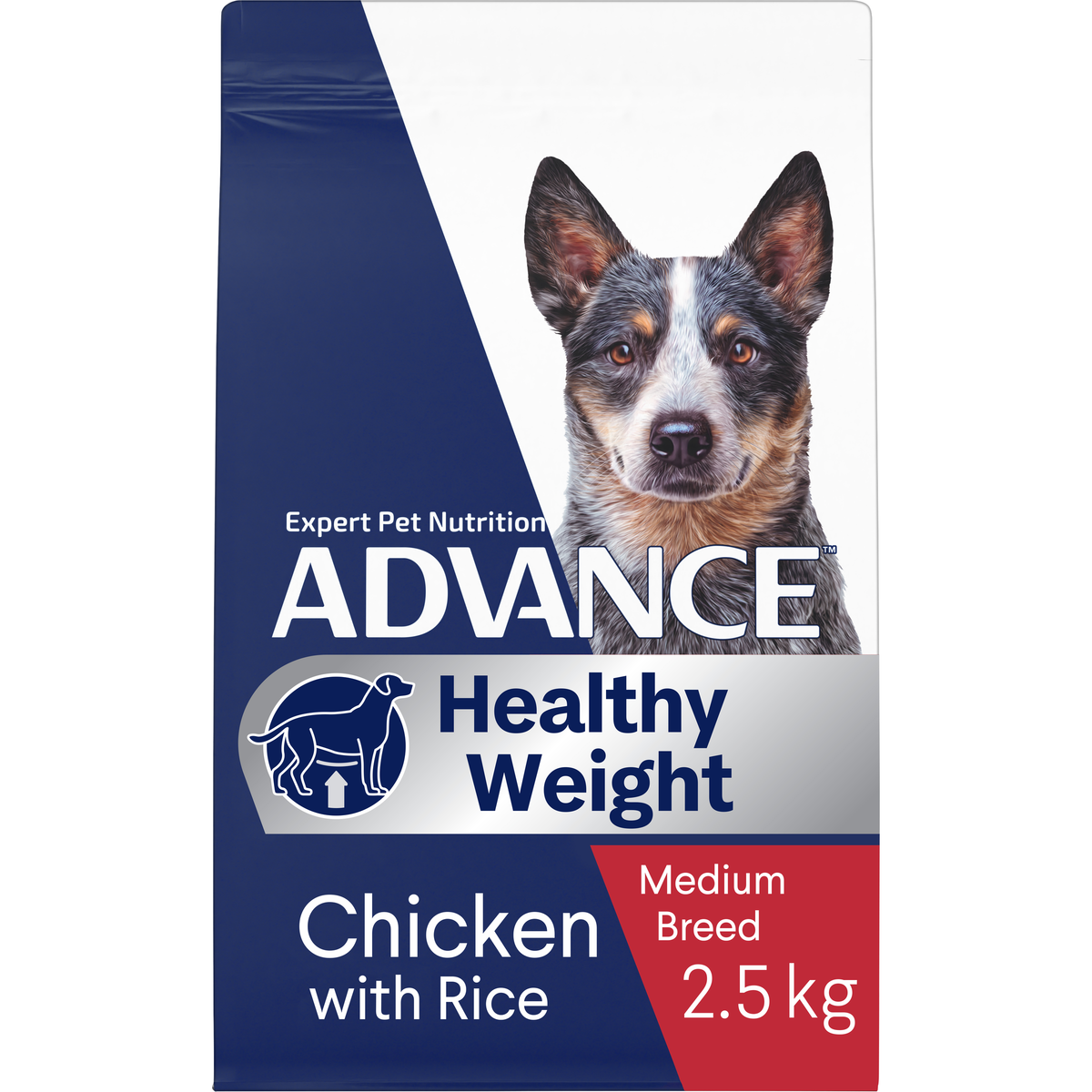ADVANCE Healthy Weight Adult Medium Breed Chicken with Rice 2.5kg bag, angled front view