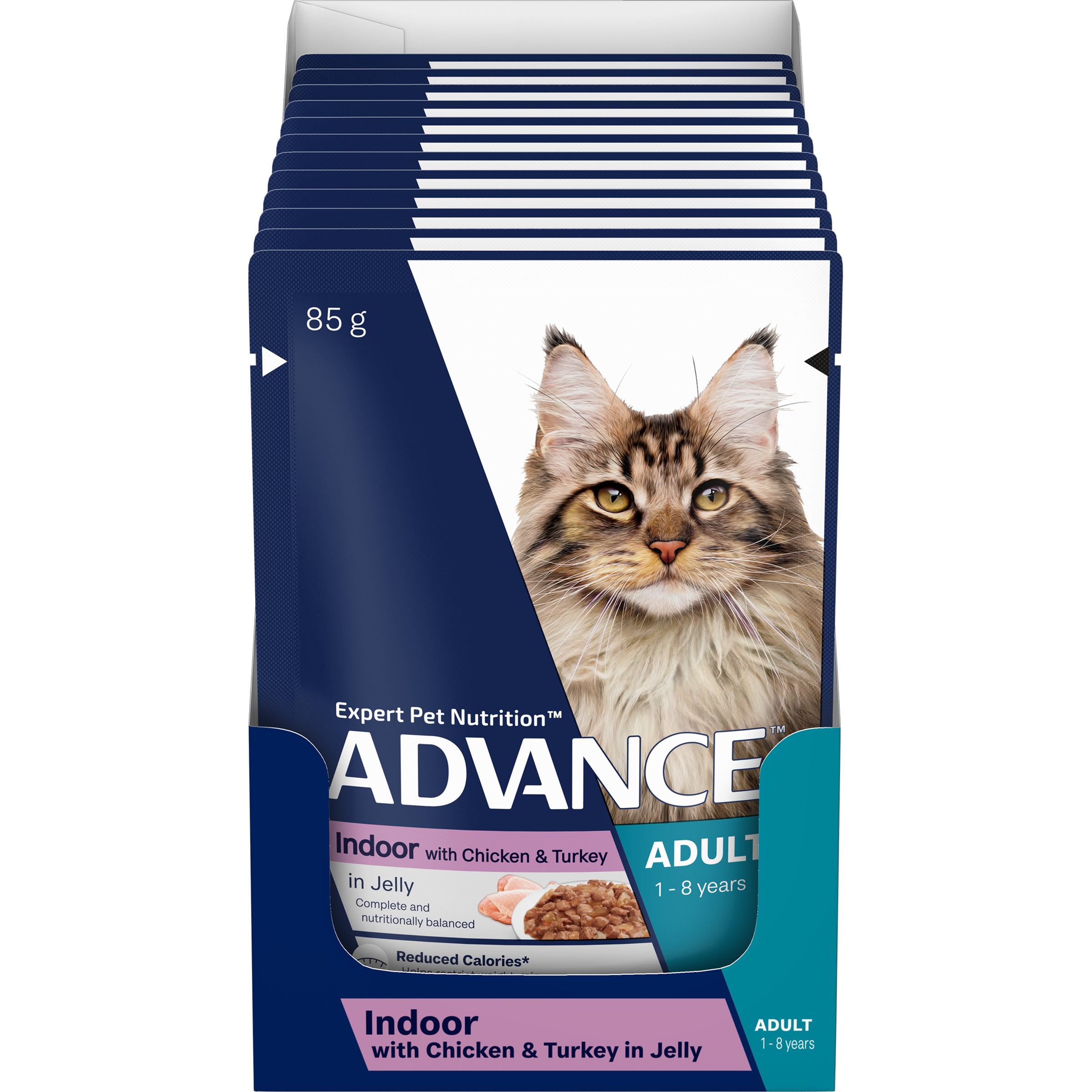 ADVANCE Indoor Adult Wet Cat Food Chicken & Turkey In Jelly 12x85g Pouches front of pack