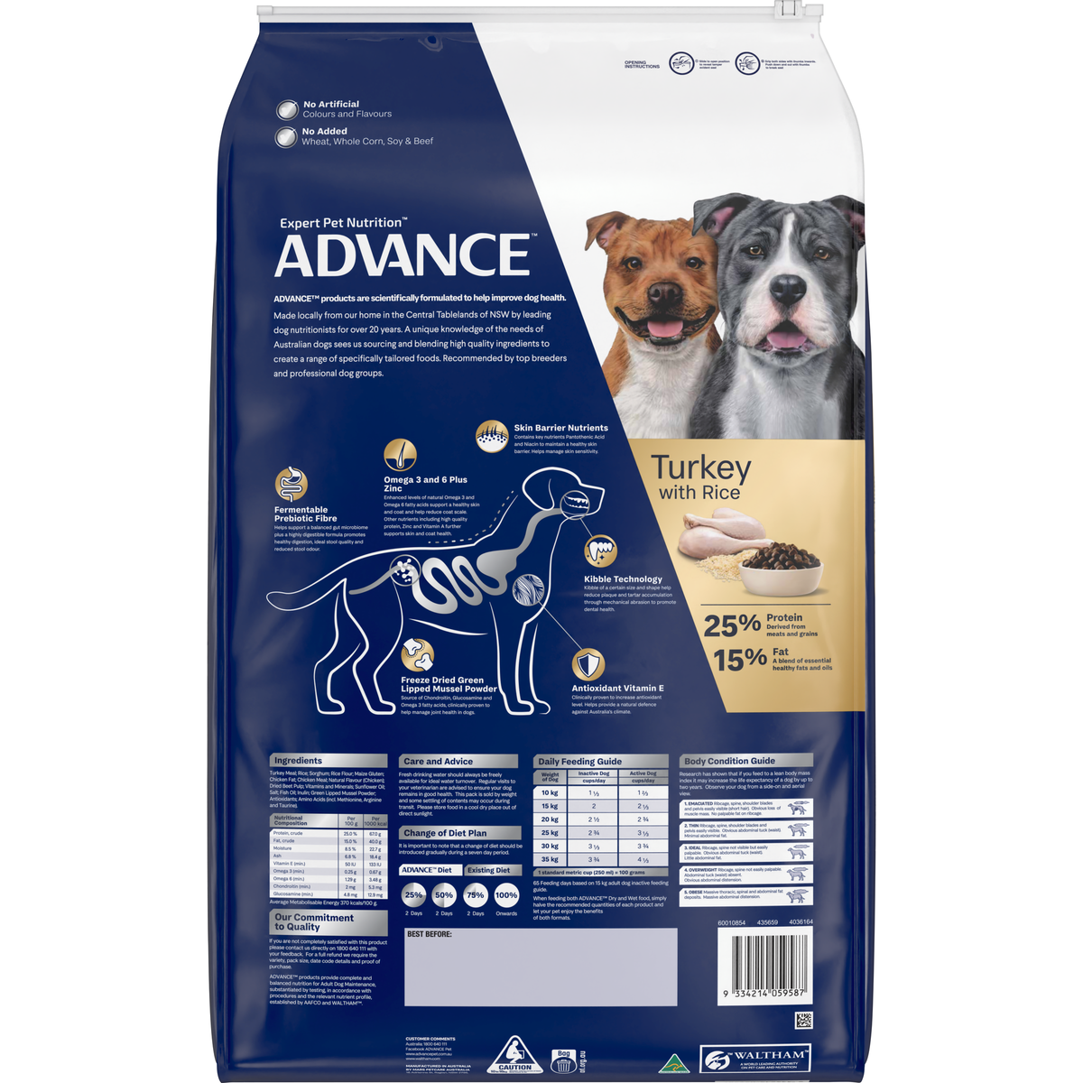 Back of the ADVANCE for Medium Terriers Turkey with Rice dry dog food bag