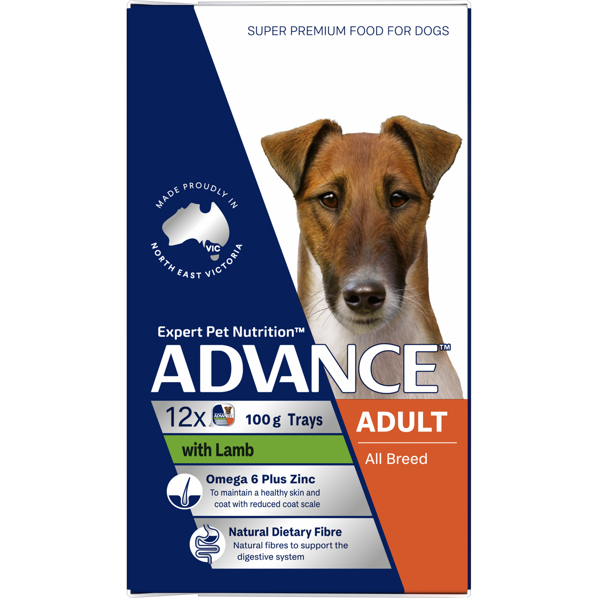 Side view of the ADVANCE Adult with Lamb 12 x 100g tray carton
