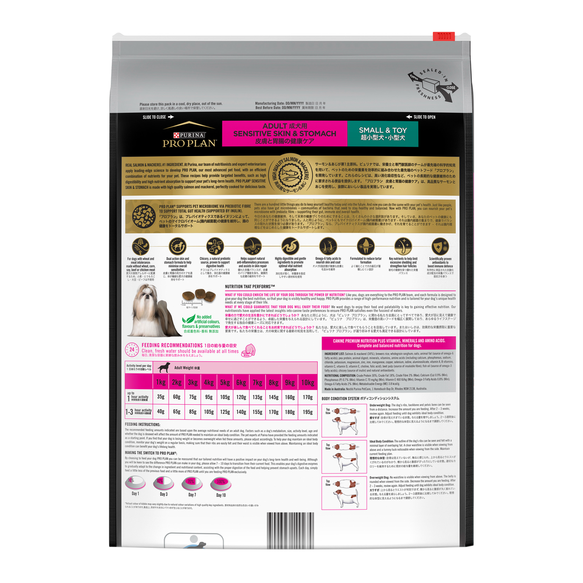 PRO PLAN Adult Sensitive Skin & Stomach Small & Toy bag back, with feeding tables and ingredients