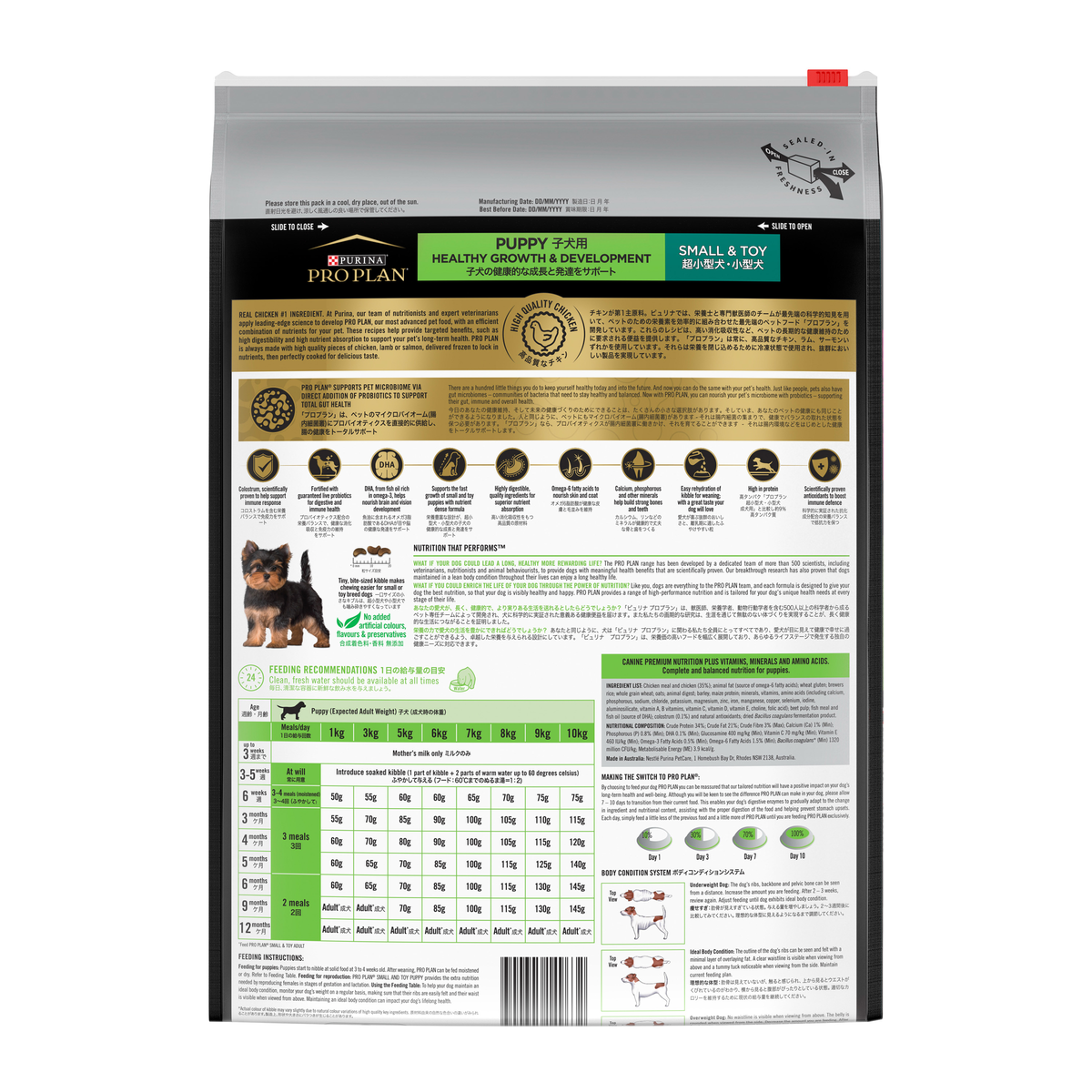 PRO PLAN Puppy Small & Toy bag back, with the feeding tables and ingredients