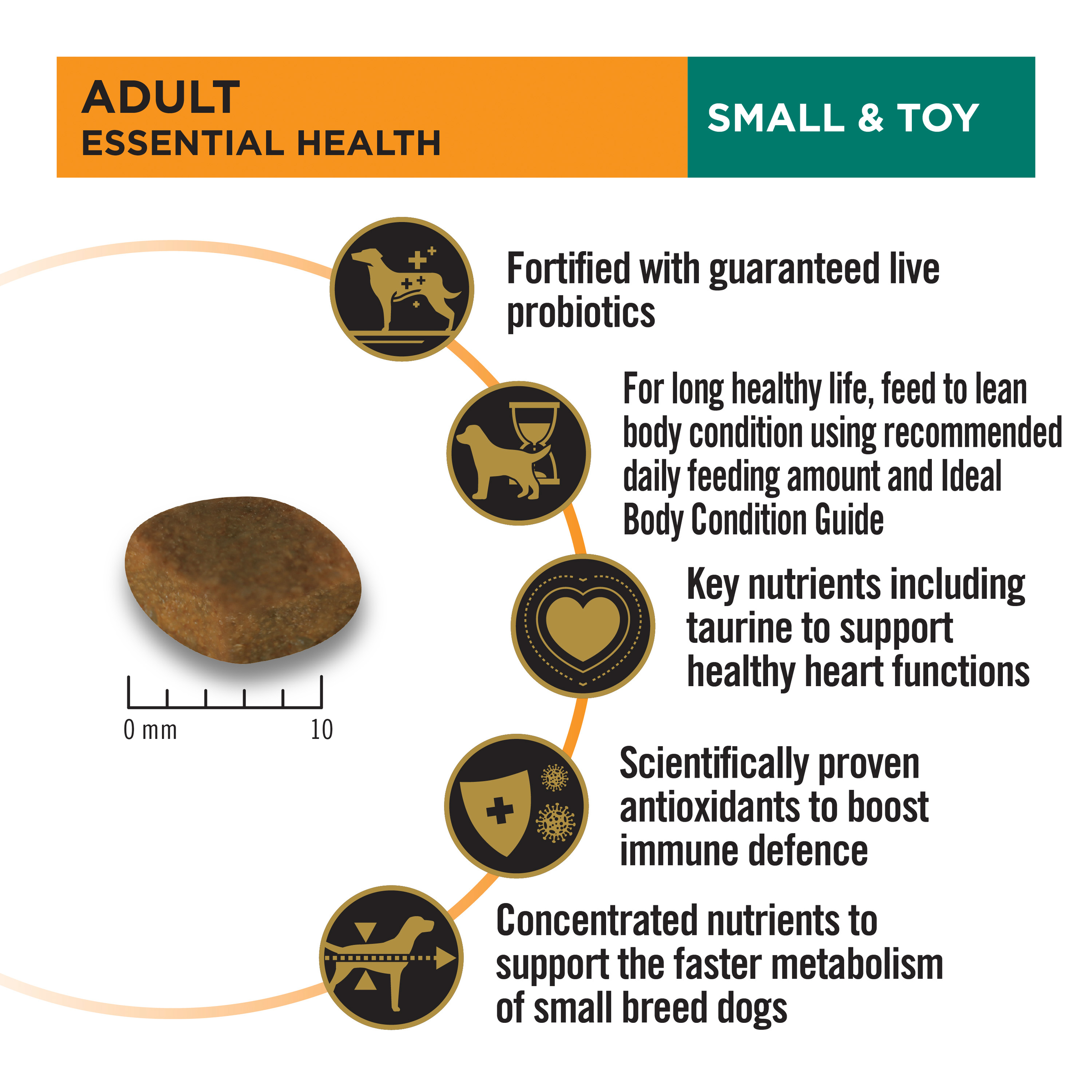 PRO PLAN Adult Small & Toy essential health panel: kibble size, live probiotics, taurine for heart