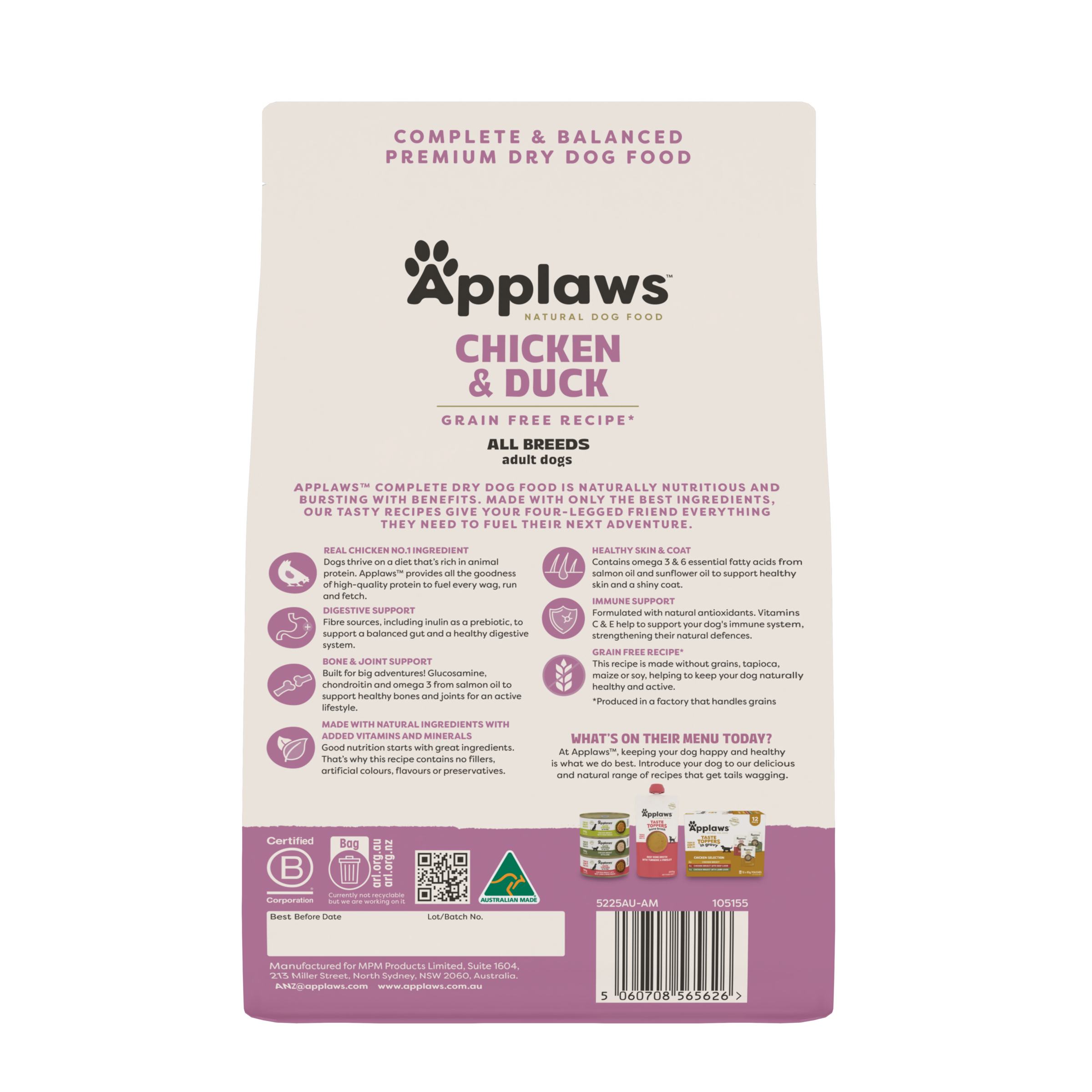 Applaws Natural Grain Free Dry Dog Food Chicken & Duck back of pack