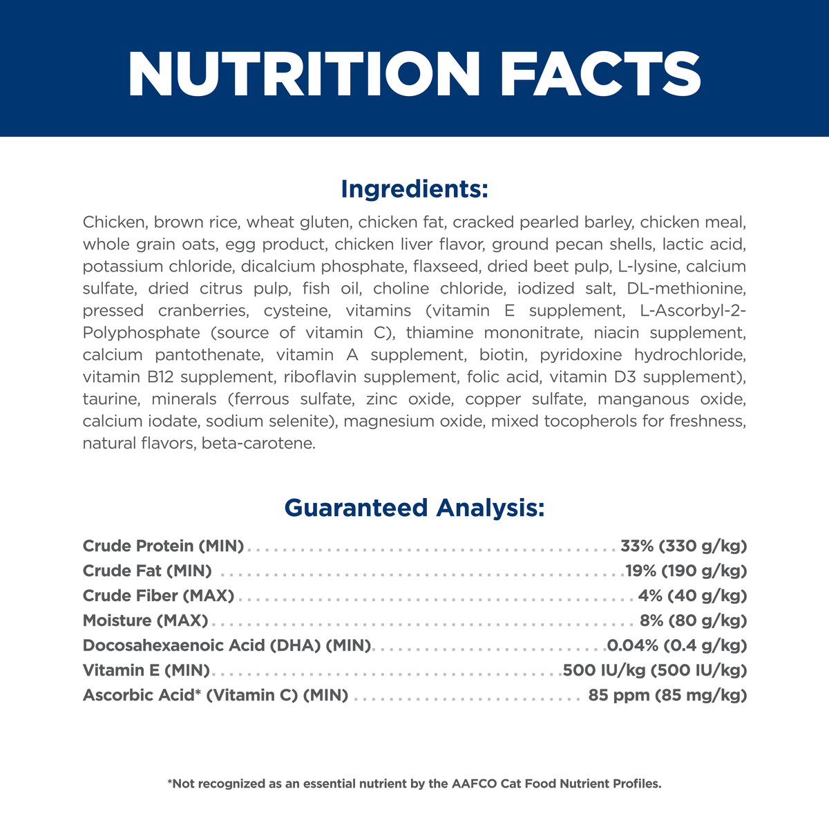 Ingredients and guaranteed analysis panel for Hill's Science Diet Kitten dry cat food