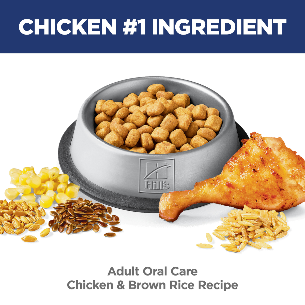 Chicken is the number one ingredient: bowl of Hill's Adult Oral Care chicken and brown rice kibble