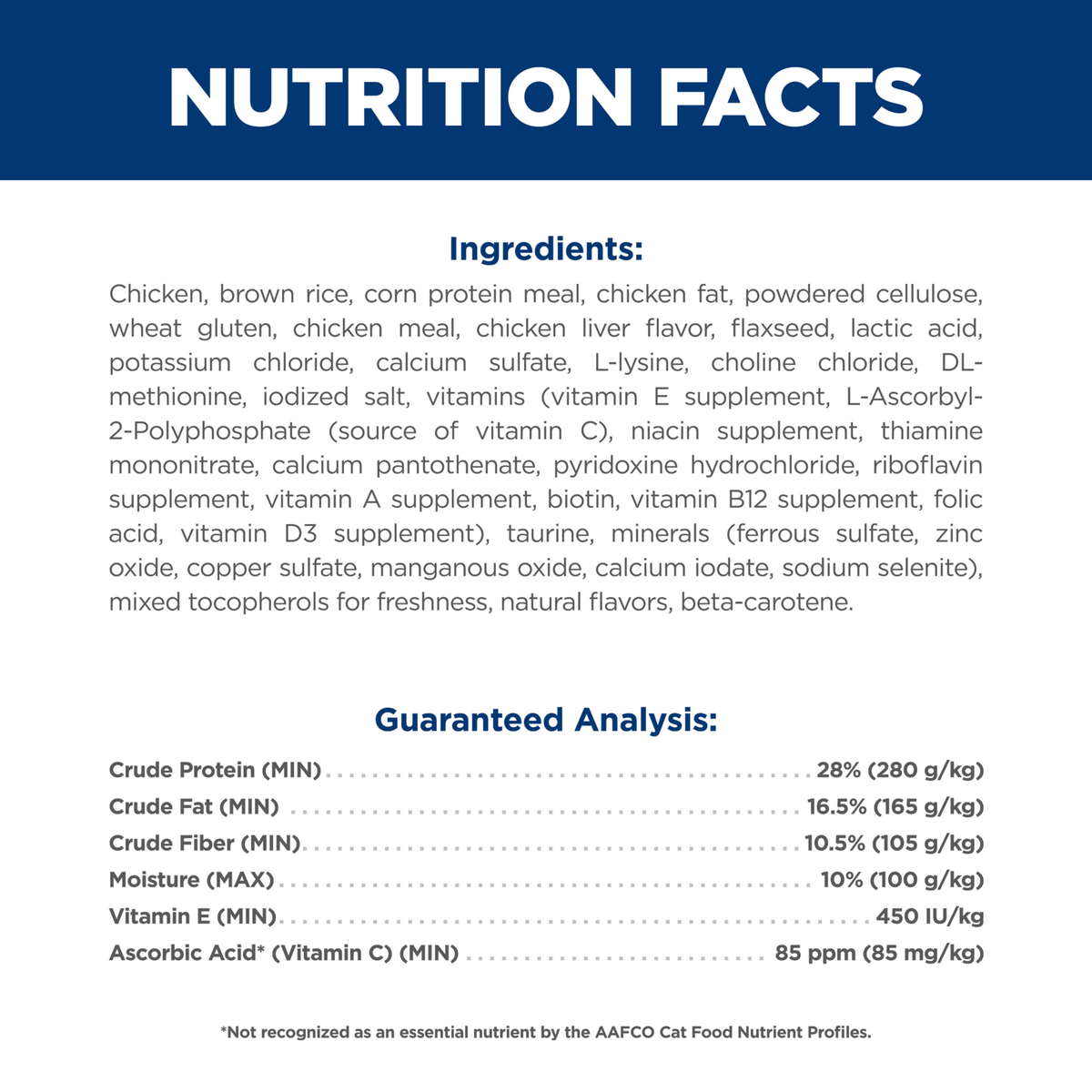 Ingredients and guaranteed analysis panel for Hill's Science Diet Adult Oral Care dry cat food