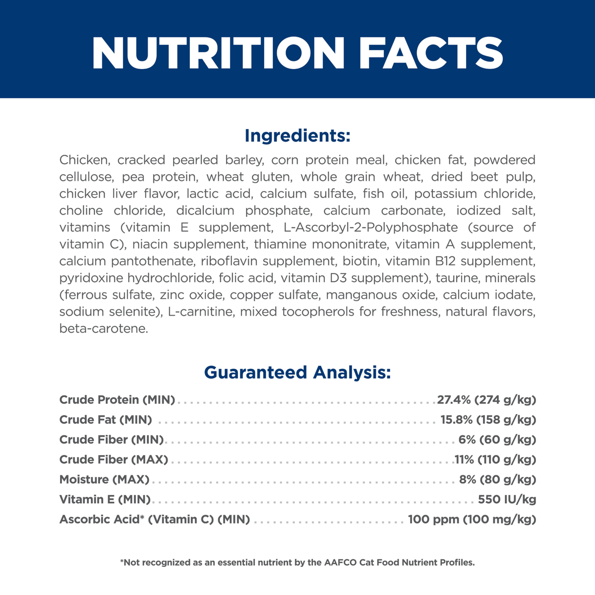 Ingredients and guaranteed analysis panel for Hill's Adult 7+ Hairball Control dry cat food