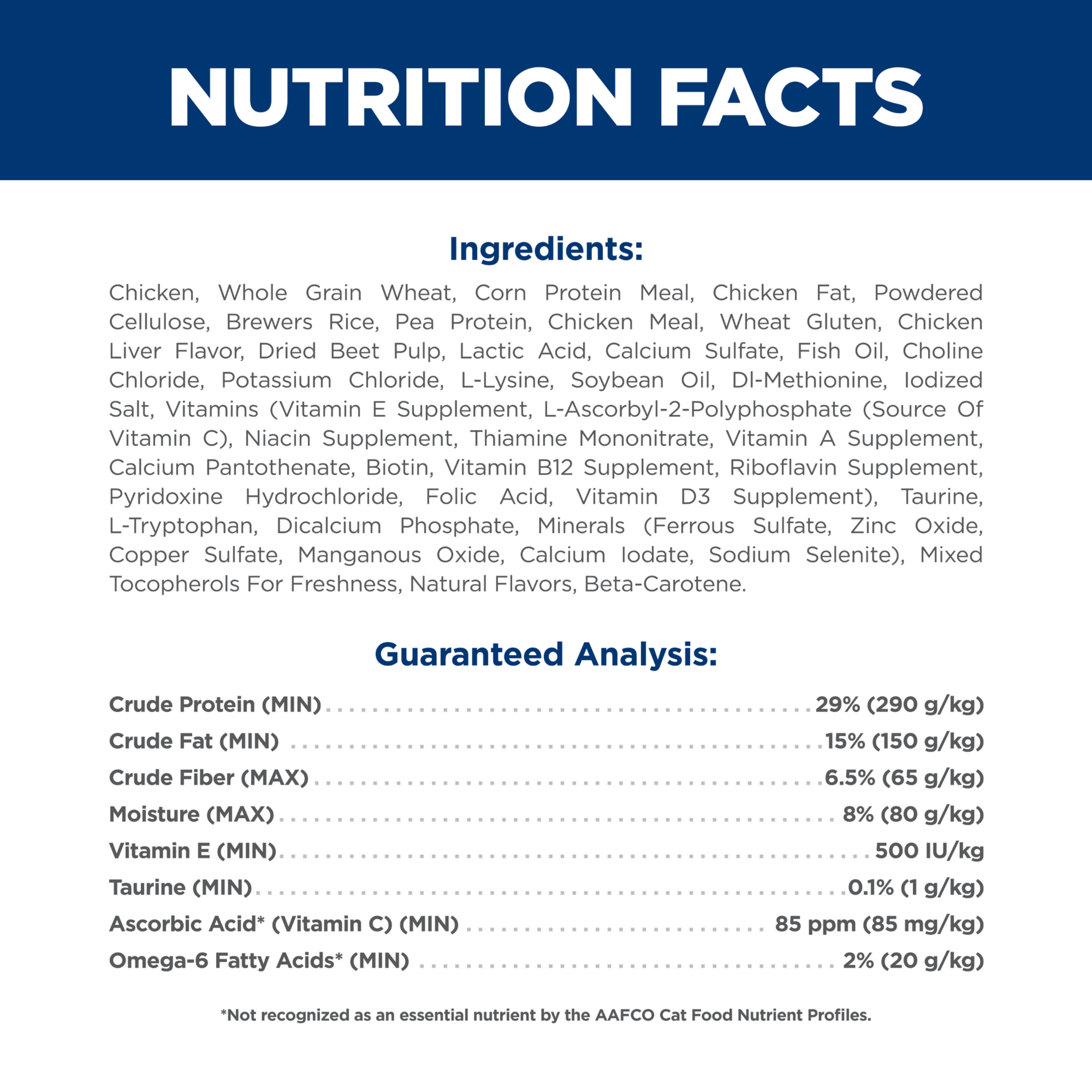 Ingredients and guaranteed analysis panel for Hill's Science Diet Adult Hairball Control dry cat food