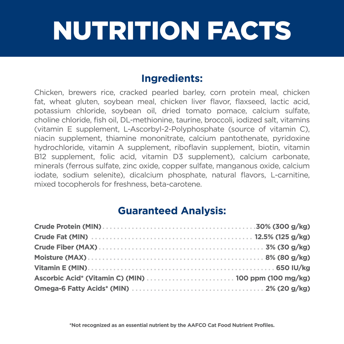 Ingredients and guaranteed analysis panel for Hill's Adult 7+ Senior Vitality dry cat food