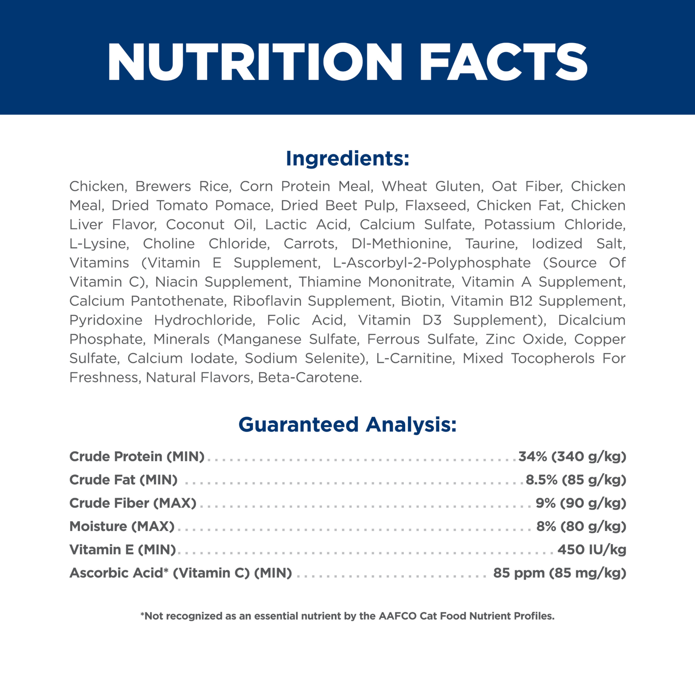 Ingredients and guaranteed analysis panel for Hill's Science Diet Adult Perfect Weight dry cat food