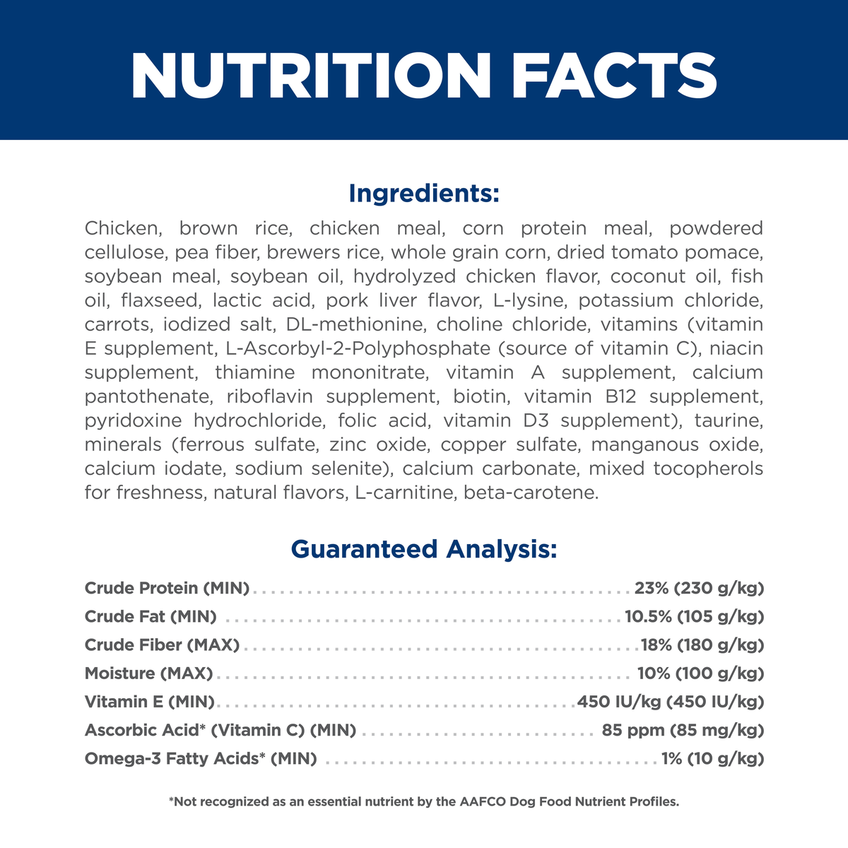 Ingredients and guaranteed analysis for Hill's Perfect Weight and Joint Support Large Breed dog food
