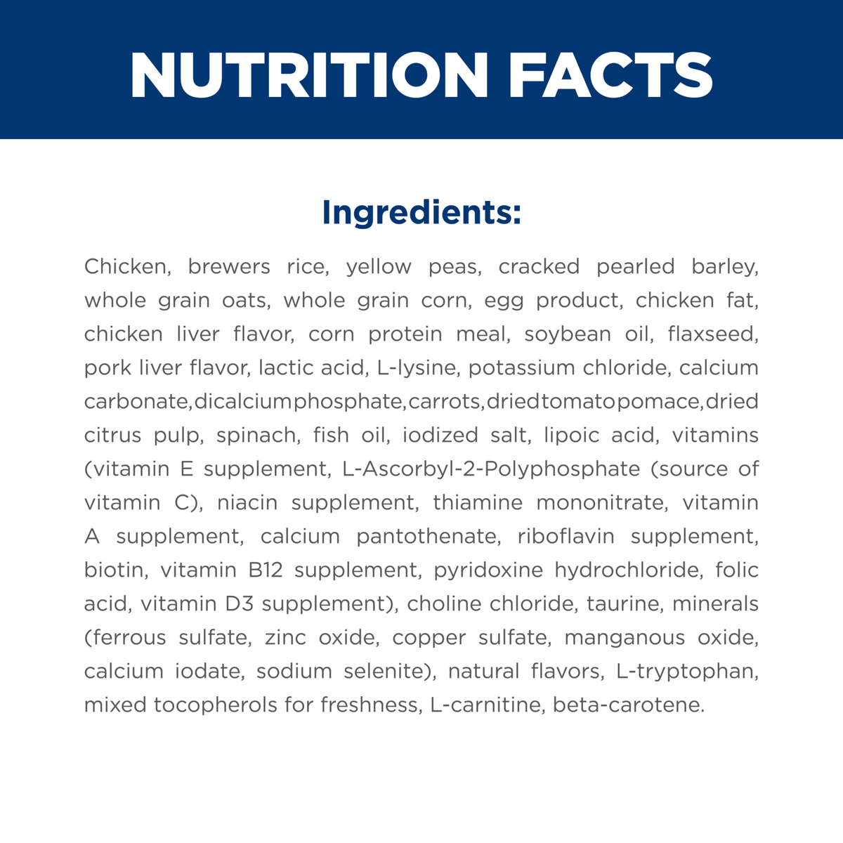 Ingredients panel for Hill's Adult 7+ Small & Mini Senior Vitality dry dog food