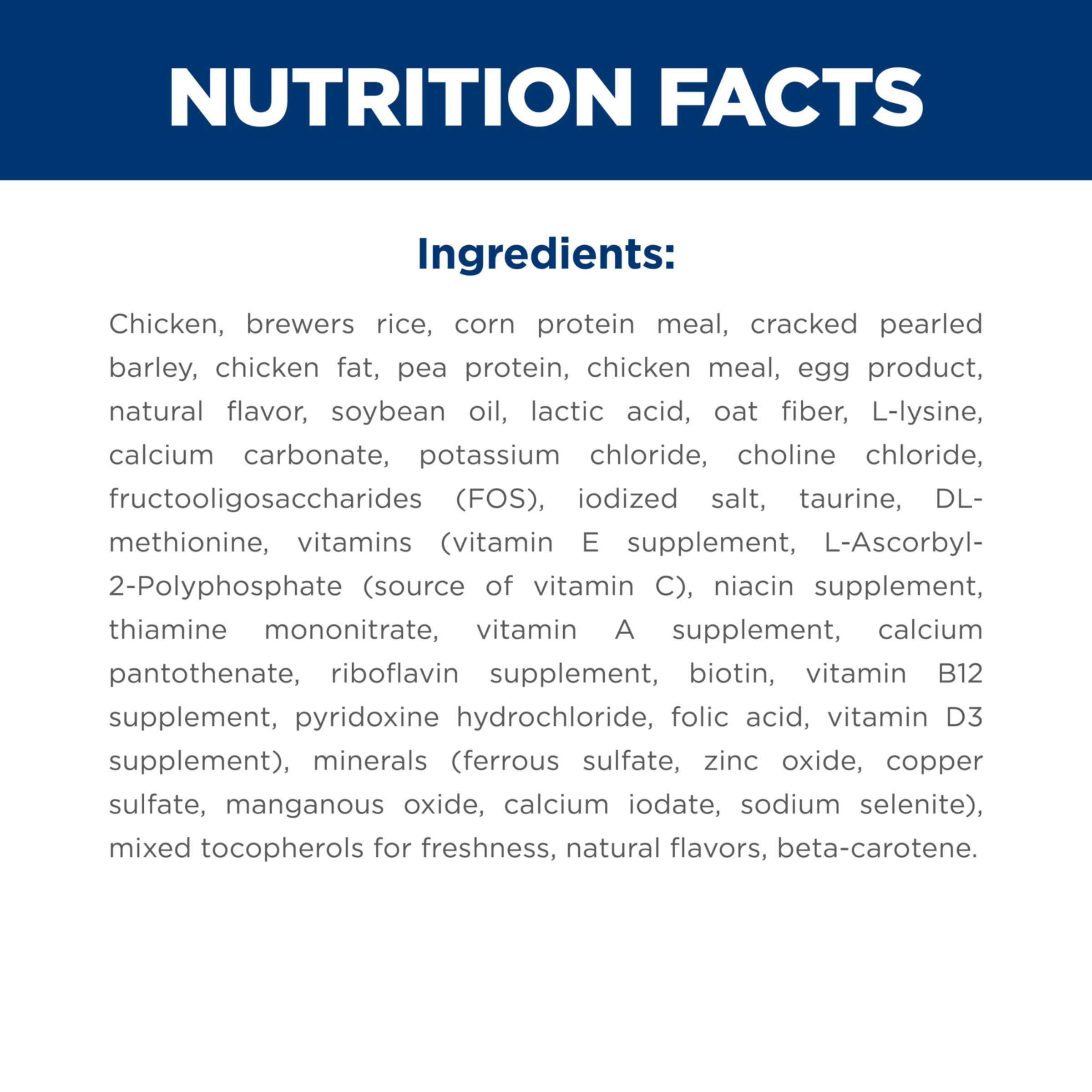 Ingredients panel for Hill's Science Diet Adult Sensitive Stomach and Skin chicken and rice cat food
