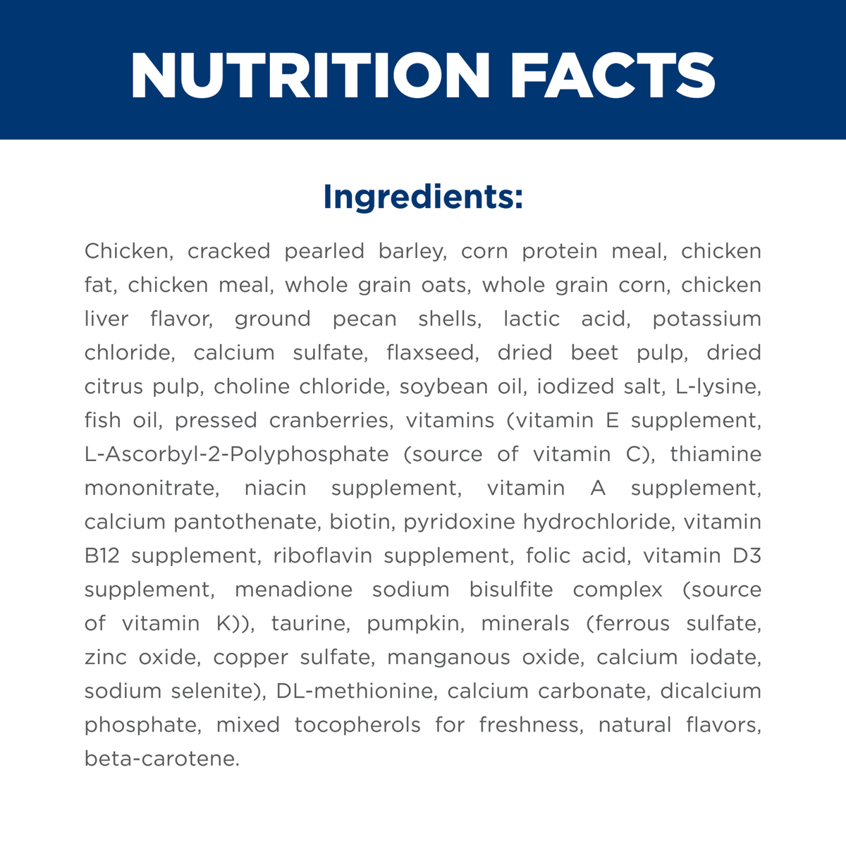 Ingredients panel for Hill's Science Diet Adult Perfect Digestion Chicken and Barley dry cat food