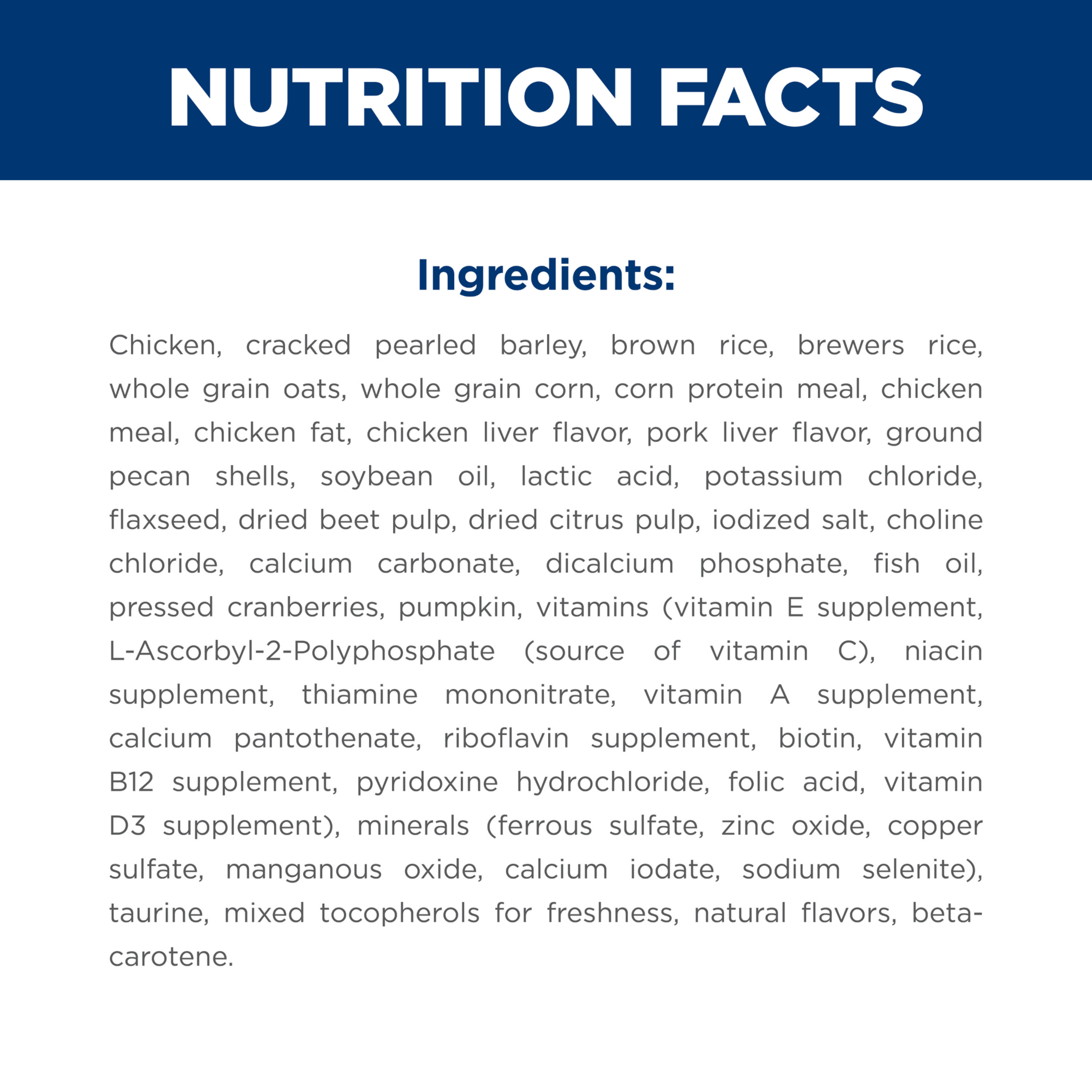 Ingredients panel for Hill's Science Diet Adult Perfect Digestion Chicken and Barley dry dog food