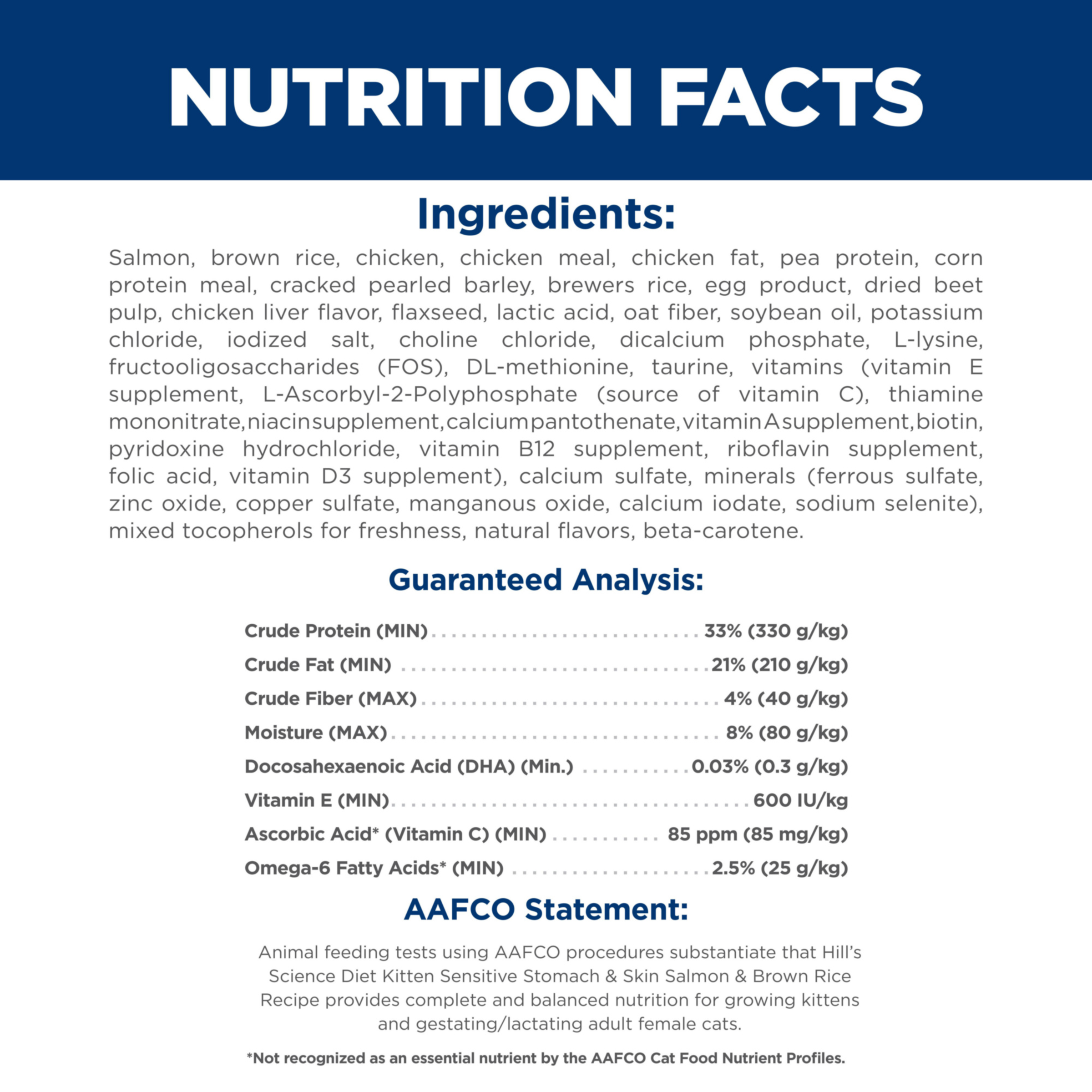 Ingredients and guaranteed analysis for Hill's Kitten Sensitive Stomach and Skin salmon cat food