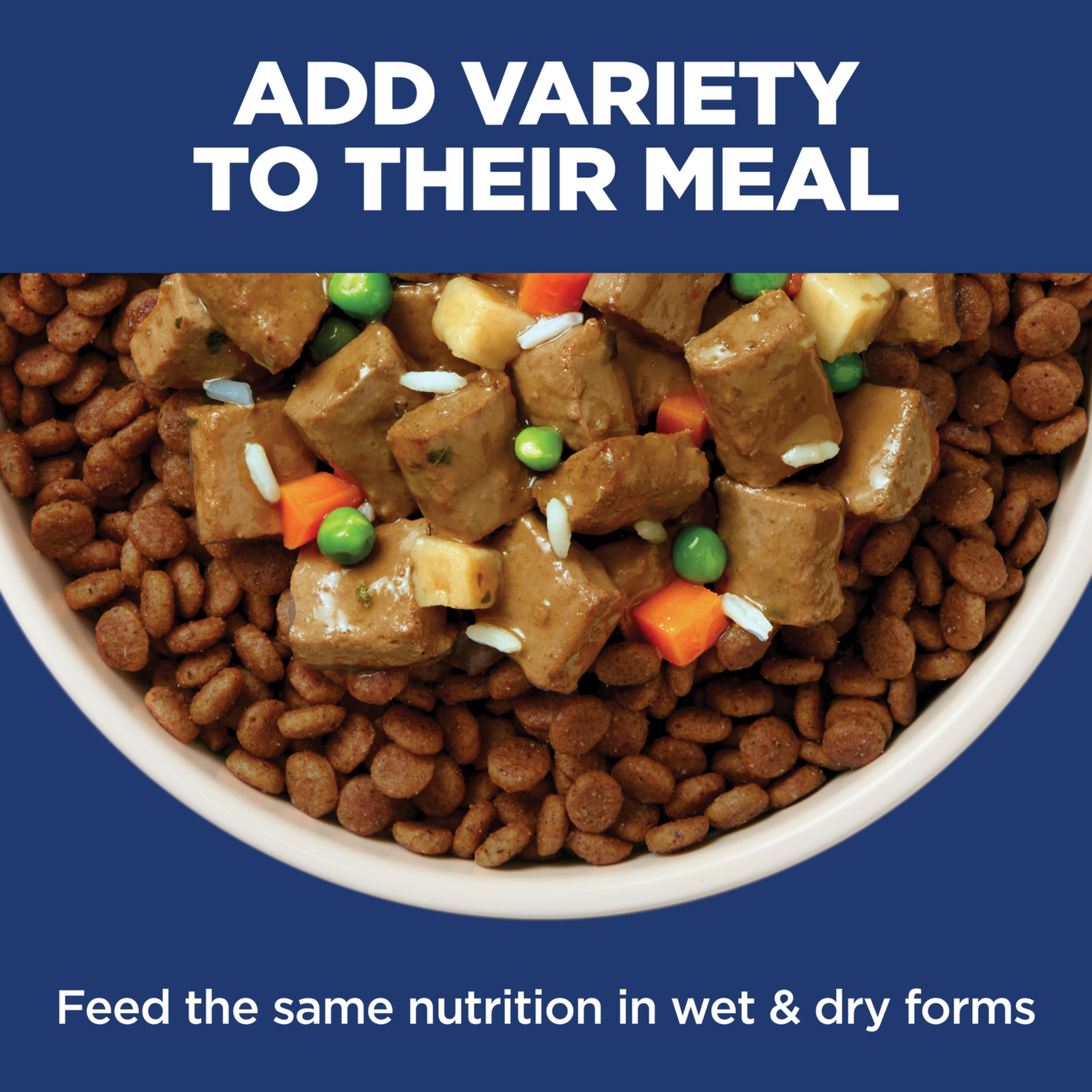 Add variety to their meal: Hill's Sensitive Stomach and Skin kibble topped with wet food