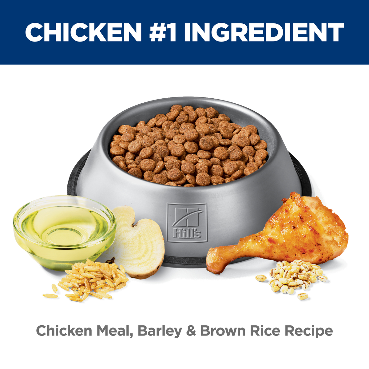 Chicken is the number one ingredient: bowl of Hill's Healthy Mobility chicken, barley and rice kibble