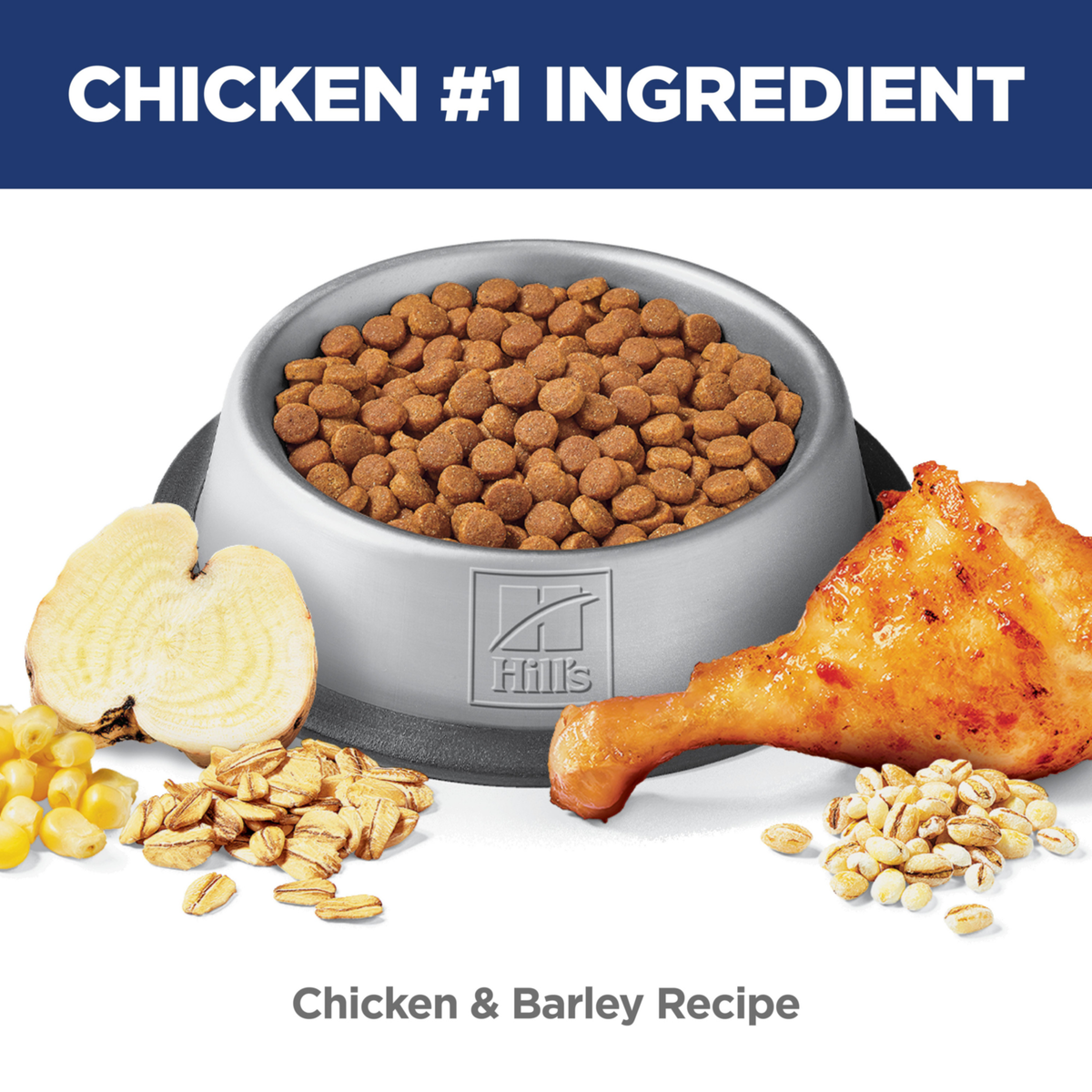 Chicken is the number one ingredient: bowl of Hill's Perfect Digestion kibble with chicken and barley