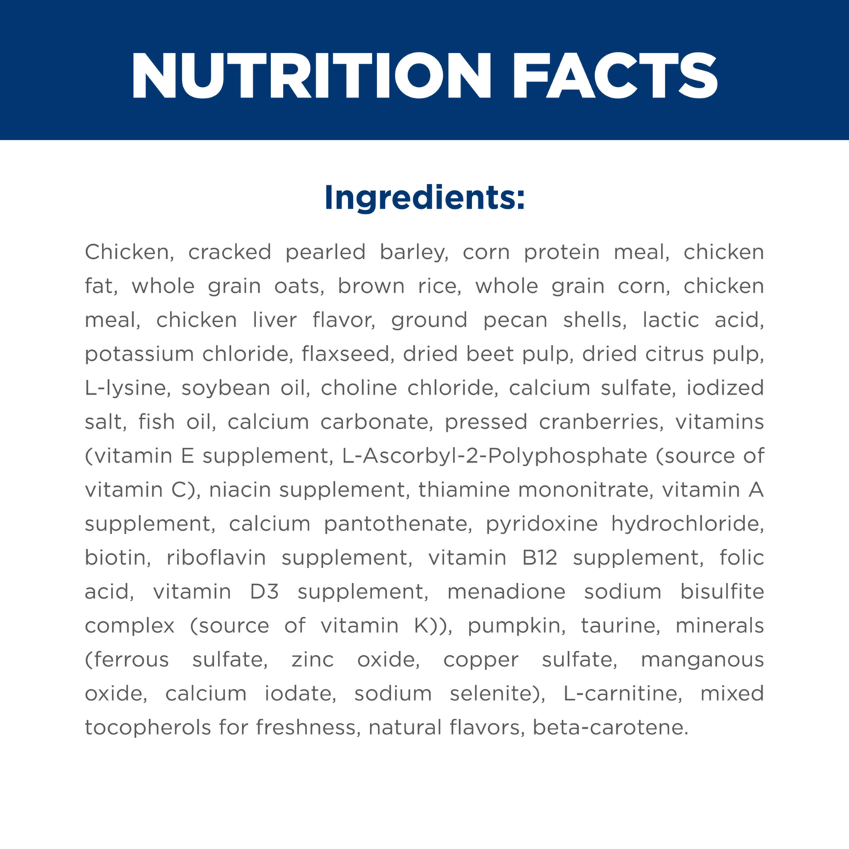 Ingredients panel for Hill's Science Diet Perfect Digestion Adult 7+ Chicken and Barley dry cat food