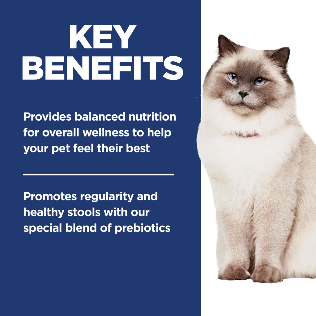 Key benefits panel: balanced nutrition and a prebiotic blend for regularity and healthy stools
