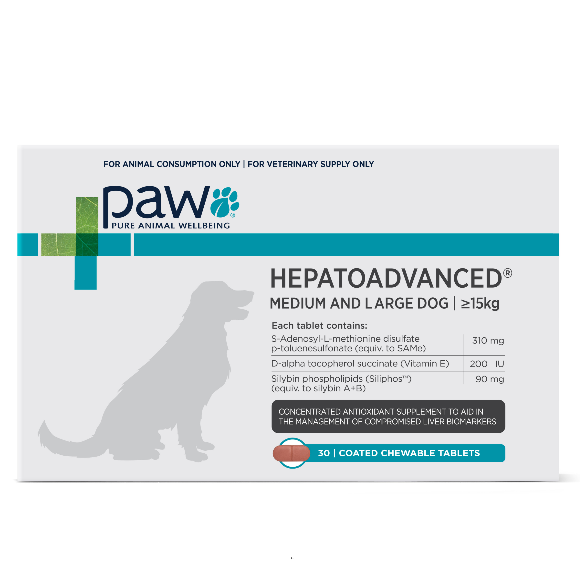 PAW HepatoAdvanced liver support chewable tablets for medium and large dogs, carton, front of pack