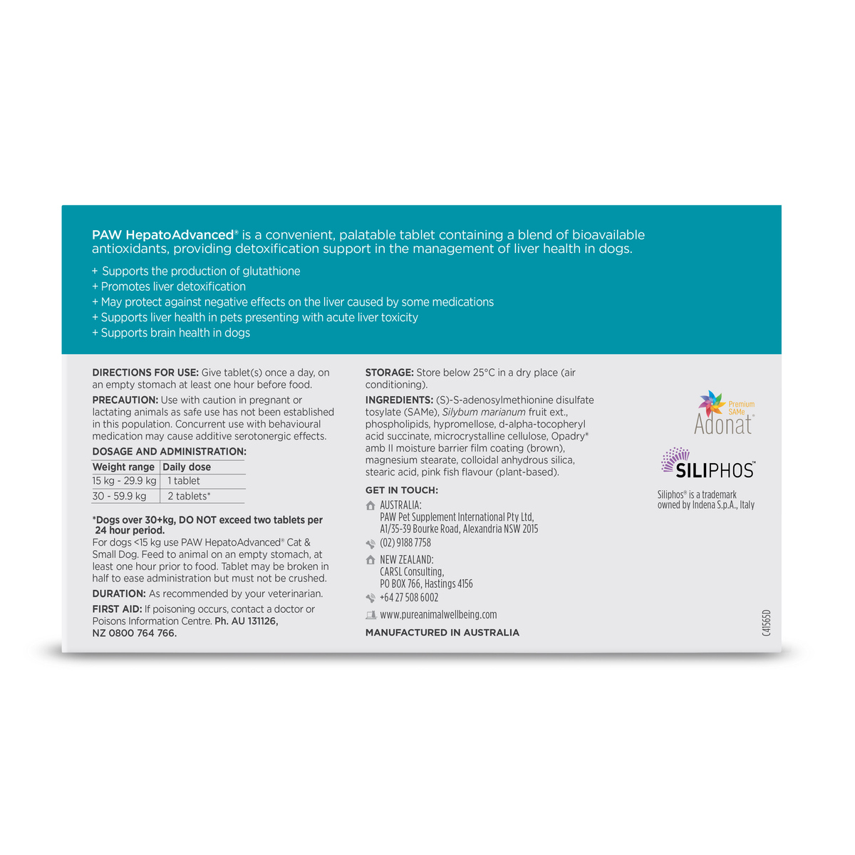 PAW HepatoAdvanced carton, back of pack with directions, dosing table and ingredients
