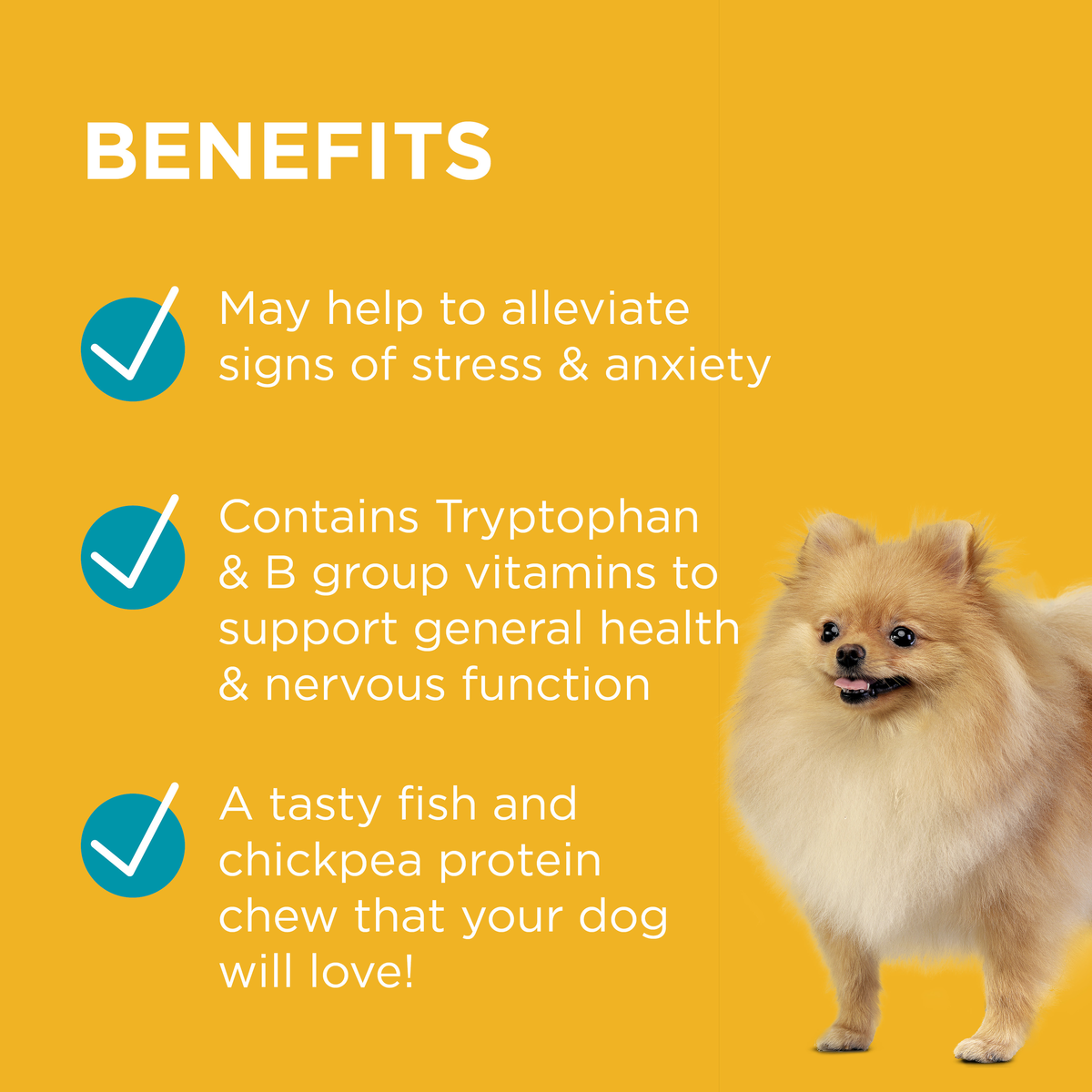 PAW Complete Calm for Small Dogs benefits panel: stress and anxiety, tryptophan, with a pomeranian