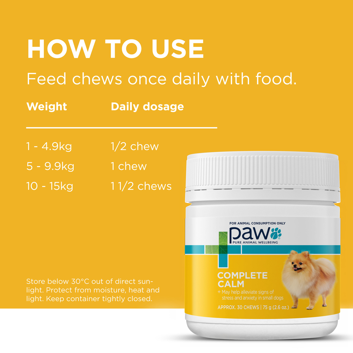 PAW Complete Calm for Small Dogs how to use panel with the daily chew table by weight