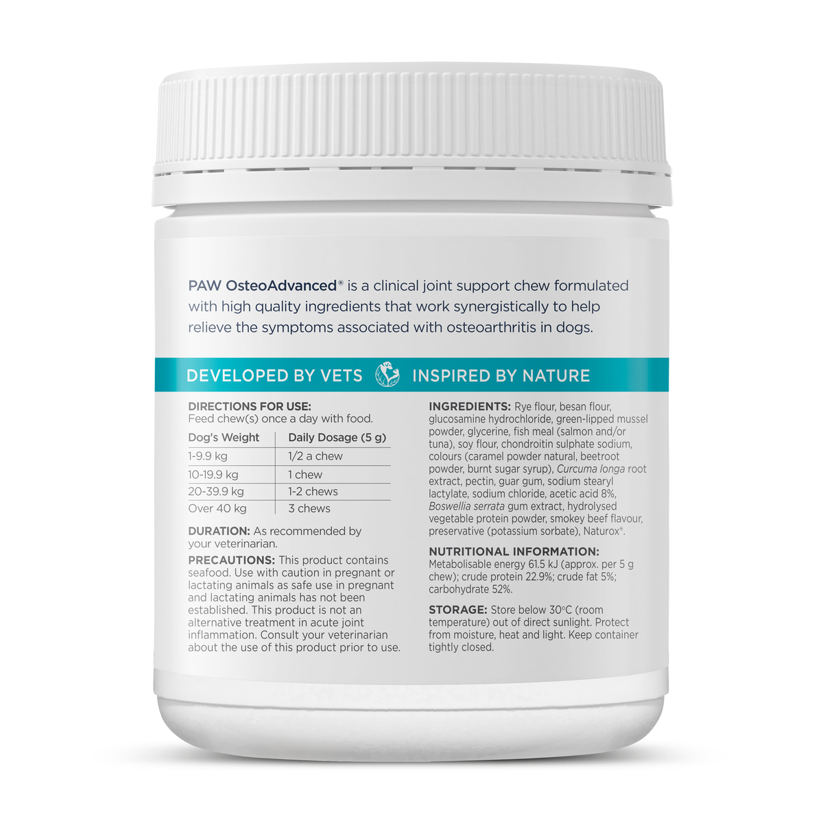 PAW OsteoAdvanced tub, side of pack with directions, dosing table and ingredients