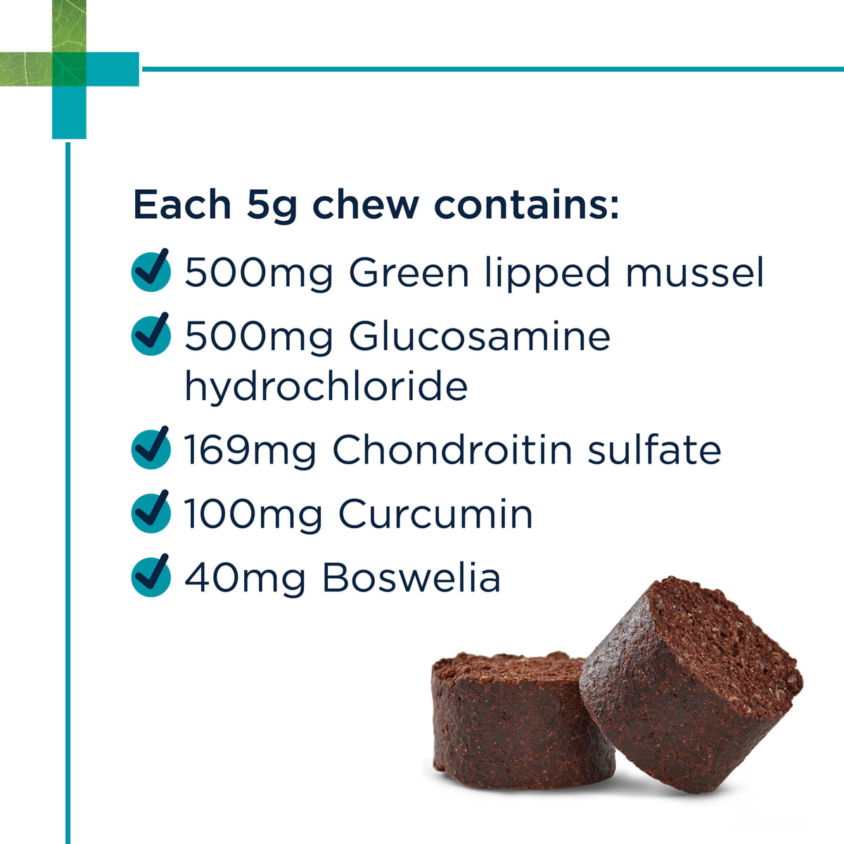 PAW OsteoAdvanced panel listing what each chew contains, with two chews photographed