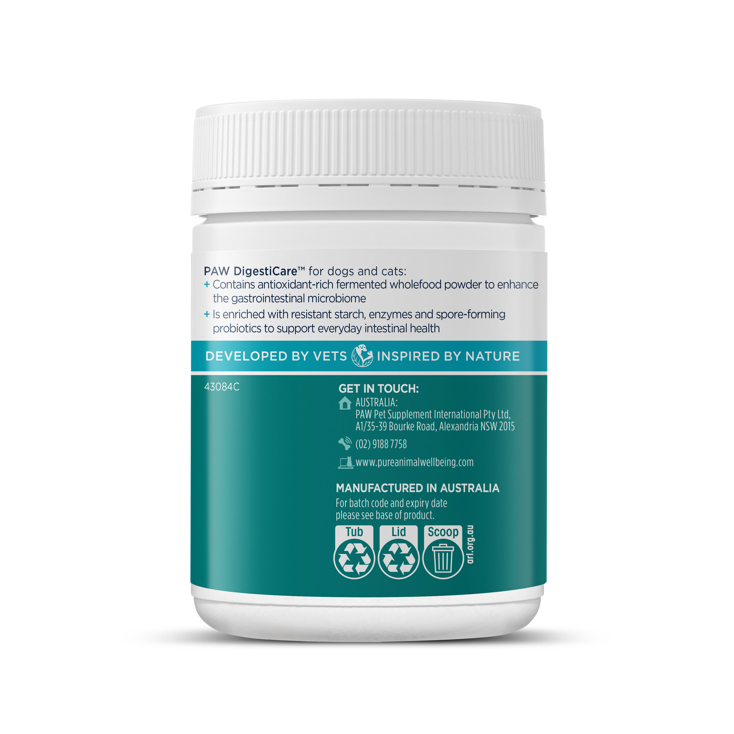 PAW DigestiCare tub, back of pack with the product summary and contact details