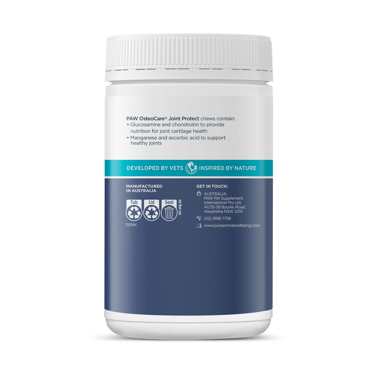 PAW OsteoCare Joint Protect tub, back of pack with the chew description and contact details