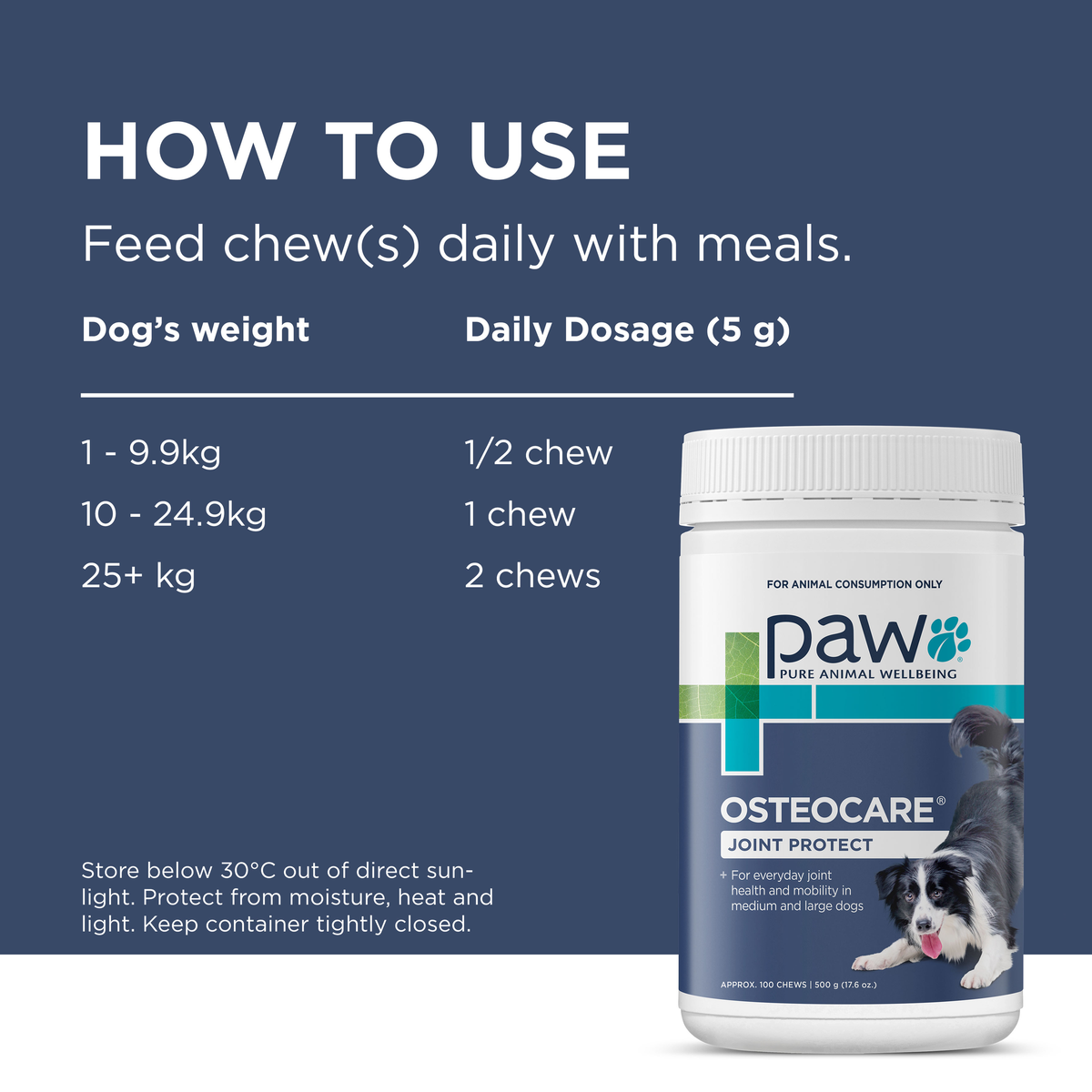 PAW OsteoCare how to use panel with the daily chew dosing table by dog weight and the tub