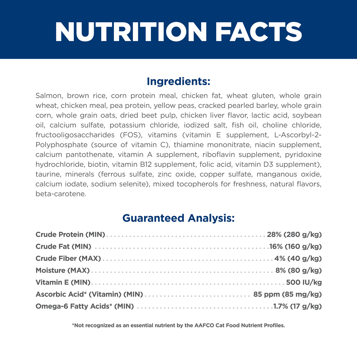 Ingredients and guaranteed analysis panel for Hill's Science Diet Adult Salmon dry cat food