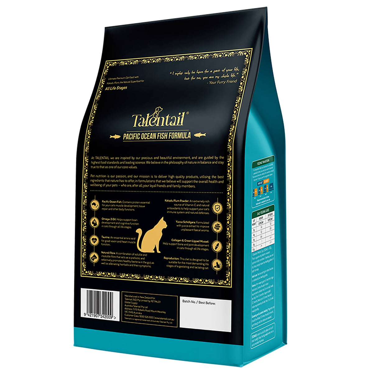 Back of the Talentail Ultimate Pacific Ocean Fish dry cat food bag
